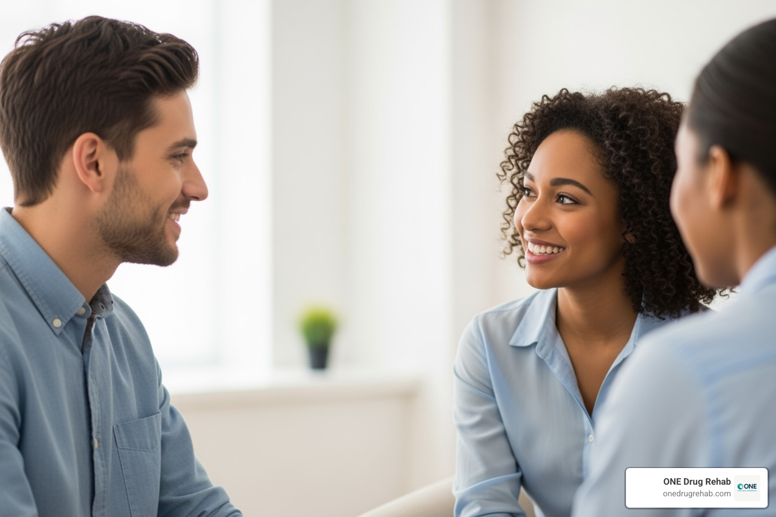 Two people in a group setting having a positive, supportive conversation - group therapy addiction Two people in a group setting having a positive, supportive conversation - group therapy addiction