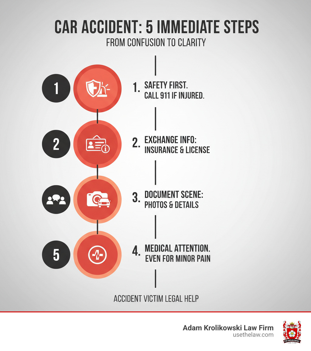 Infographic showing 5 immediate steps after a car accident: 1. Ensure safety and call 911 if anyone is injured, 2. Exchange information with other drivers including insurance and license details, 3. Document the scene with photos of vehicles, damage, and road conditions, 4. Get contact information from any witnesses, 5. Seek medical attention even if injuries seem minor - accident victim legal help infographic Infographic showing 5 immediate steps after a car accident: 1. Ensure safety and call 911 if anyone is injured, 2. Exchange information with other drivers including insurance and license details, 3. Document the scene with photos of vehicles, damage, and road conditions, 4. Get contact information from any witnesses, 5. Seek medical attention even if injuries seem minor - accident victim legal help infographic