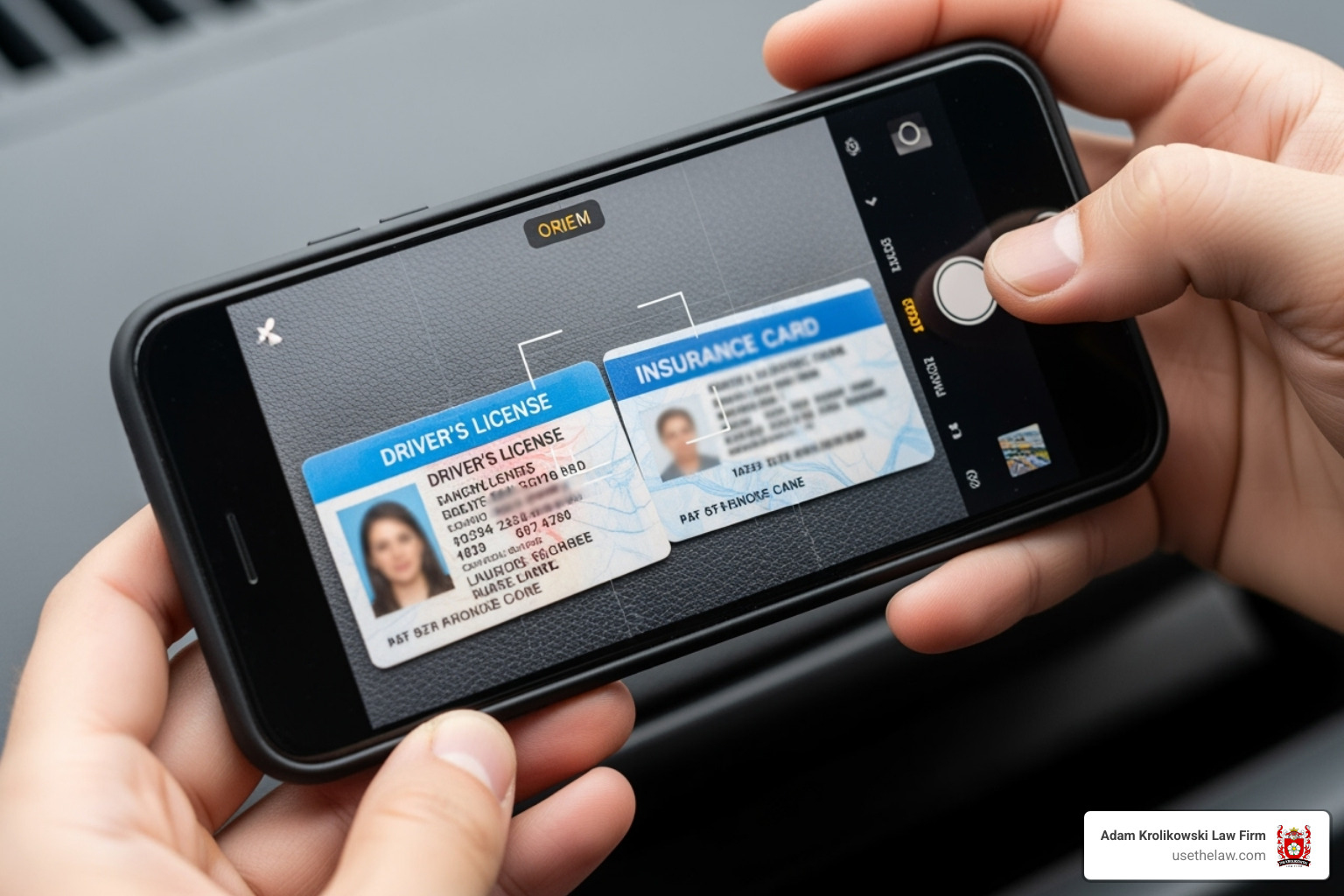 person using phone to photograph driver's license and insurance card - accident victim legal help person using phone to photograph driver's license and insurance card - accident victim legal help