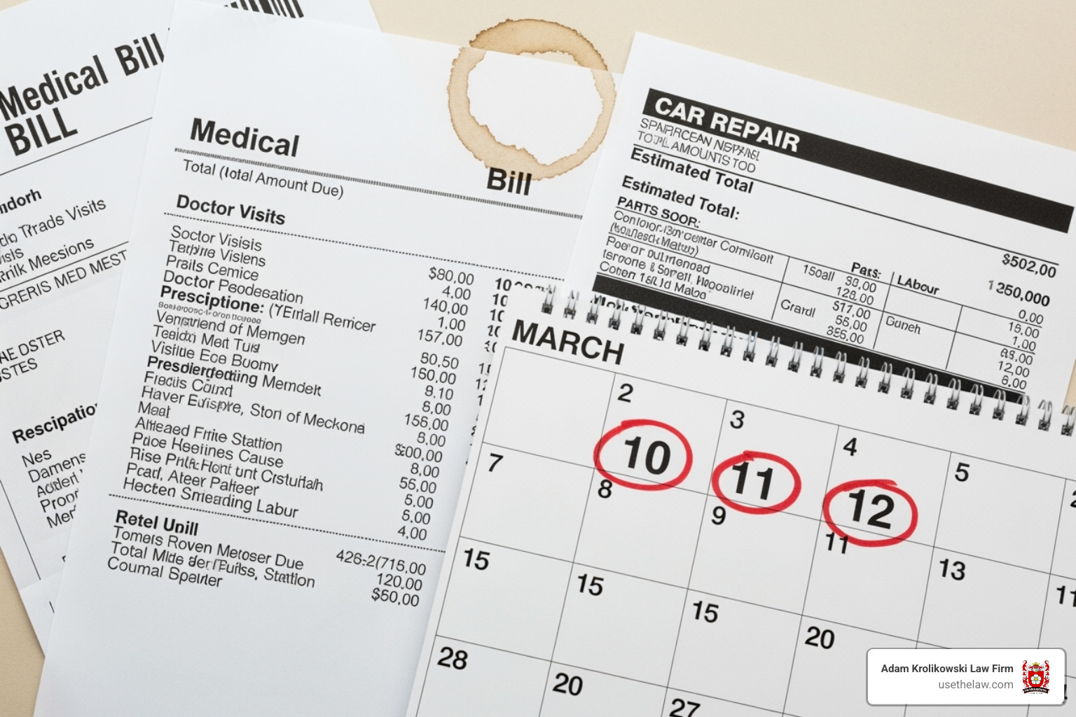 collage showing medical bills, car repair estimate, and calendar with missed work days - accident victim legal help collage showing medical bills, car repair estimate, and calendar with missed work days - accident victim legal help