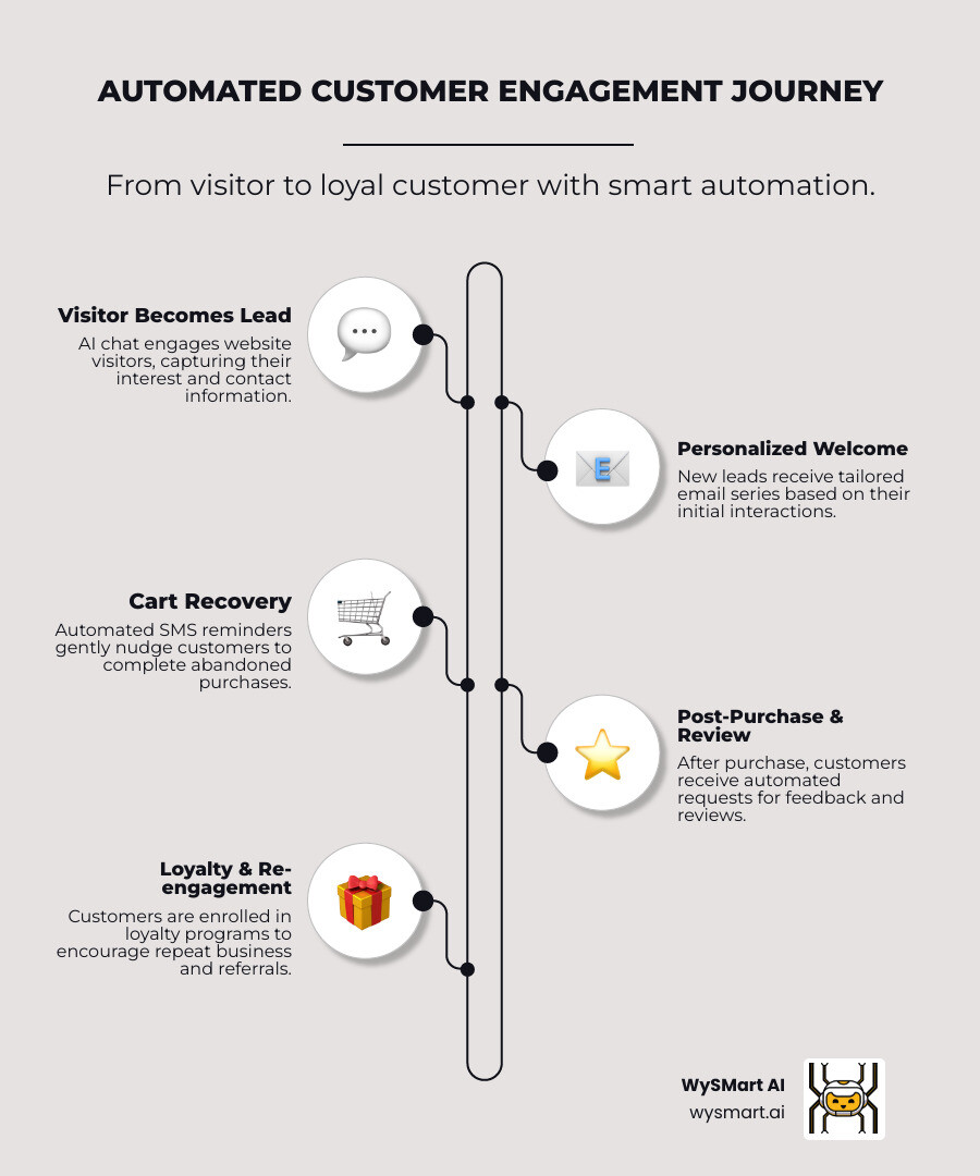 Infographic showing the automated customer engagement journey: website visitor becomes lead through AI chat, receives personalized email welcome series, gets SMS cart reminders, completes purchase, receives automated review request, and enters loyalty rewards program - Automated customer engagement infographic infographic-line-5-steps-elegant_beige Infographic showing the automated customer engagement journey: website visitor becomes lead through AI chat, receives personalized email welcome series, gets SMS cart reminders, completes purchase, receives automated review request, and enters loyalty rewards program - Automated customer engagement infographic infographic-line-5-steps-elegant_beige