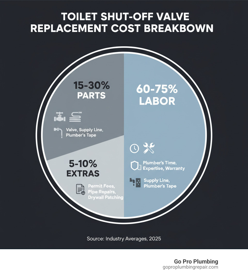Infographic showing cost breakdown of toilet shut-off valve replacement: 15-30% for parts (valve, supply line, plumber's tape), 60-75% for labor (plumber's time, expertise, warranty), and 5-10% for potential extras (permit fees, pipe repairs, drywall patching) - cost to replace a toilet shut off valve infographic 