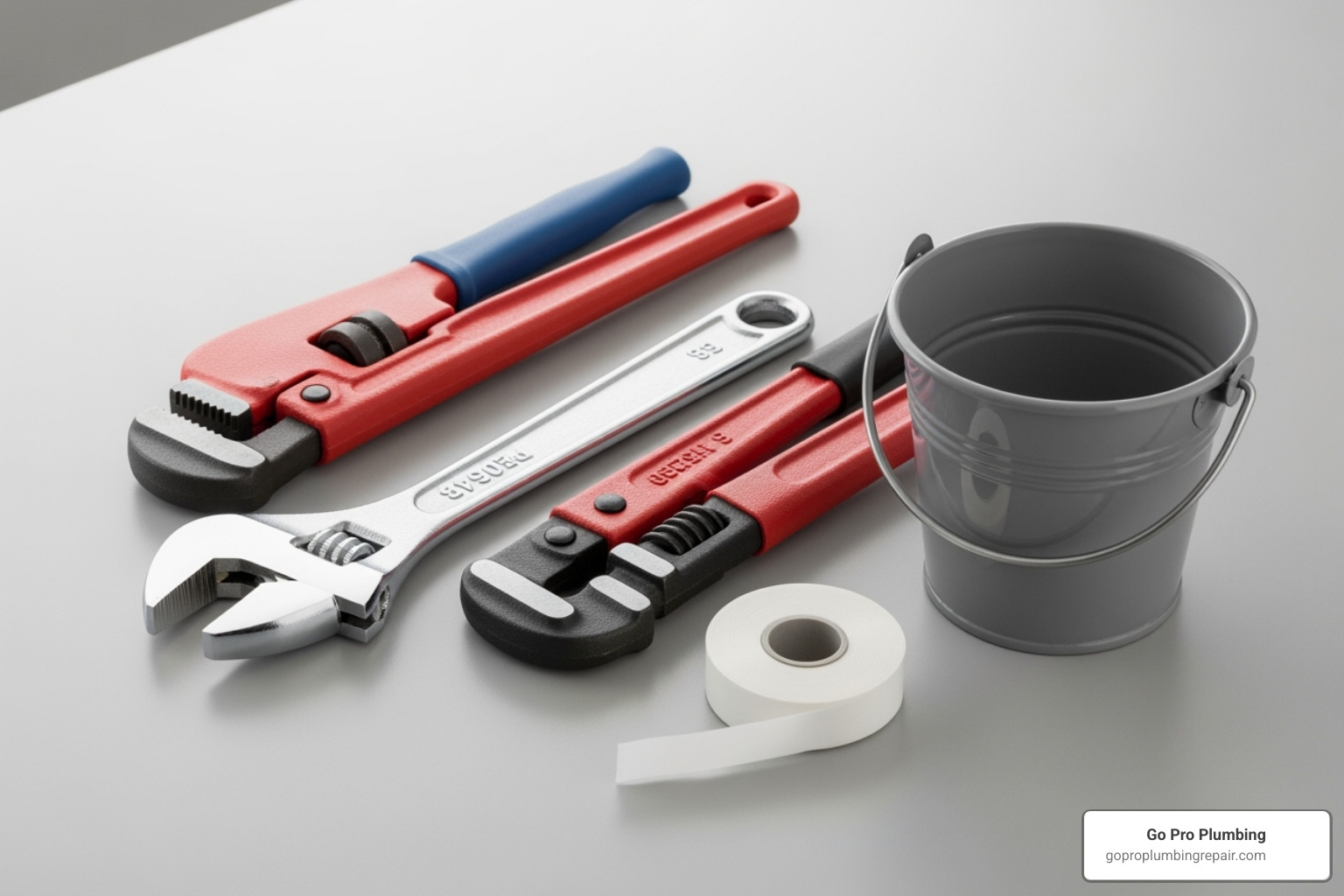 basic plumbing toolkit including wrenches, plumber's tape, and a bucket - cost to replace a toilet shut off valve