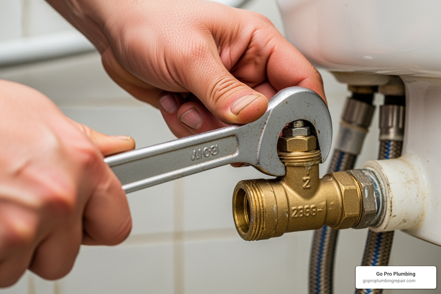 plumber's hands working on a toilet shut-off valve with a wrench - cost to replace a toilet shut off valve