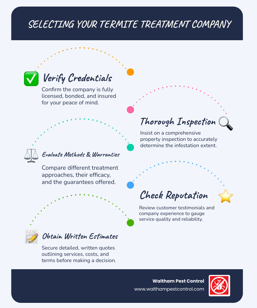 Infographic showing the process of selecting a termite treatment company: Step 1 - Verify licenses and insurance, Step 2 - Request thorough property inspection, Step 3 - Compare treatment methods and warranties, Step 4 - Review customer testimonials and experience, Step 5 - Get detailed written estimates - termite treatment companies infographic infographic-line-5-steps-blues-accent_colors Infographic showing the process of selecting a termite treatment company: Step 1 - Verify licenses and insurance, Step 2 - Request thorough property inspection, Step 3 - Compare treatment methods and warranties, Step 4 - Review customer testimonials and experience, Step 5 - Get detailed written estimates - termite treatment companies infographic infographic-line-5-steps-blues-accent_colors