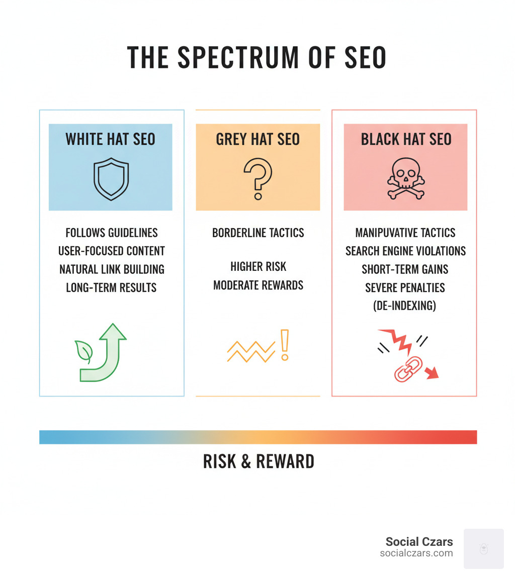 Infographic showing the differences between White Hat SEO (following guidelines, user-focused content, natural link building, long-term results), Grey Hat SEO (borderline tactics, higher risk, moderate rewards), and Black Hat SEO (manipulative tactics, search engine violations, short-term gains, severe penalties including de-indexing) - ethical SEO practices infographic 