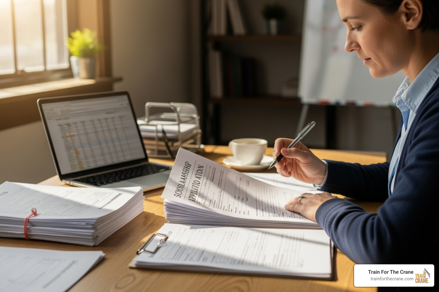 person reviewing scholarship application forms - tower crane training cost