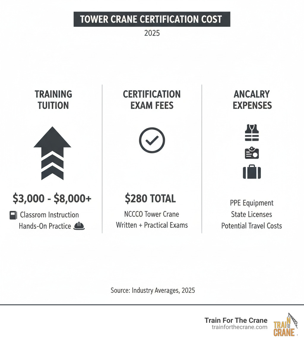 Infographic showing three columns: Training Program Tuition ranging $3,000-$8,000+ including classroom instruction and hands-on practice; Certification Exam Fees of approximately $280 total for NCCCO tower crane written and practical exams; and Ancillary Expenses including PPE equipment, state licenses, and potential travel costs - tower crane training cost infographic 