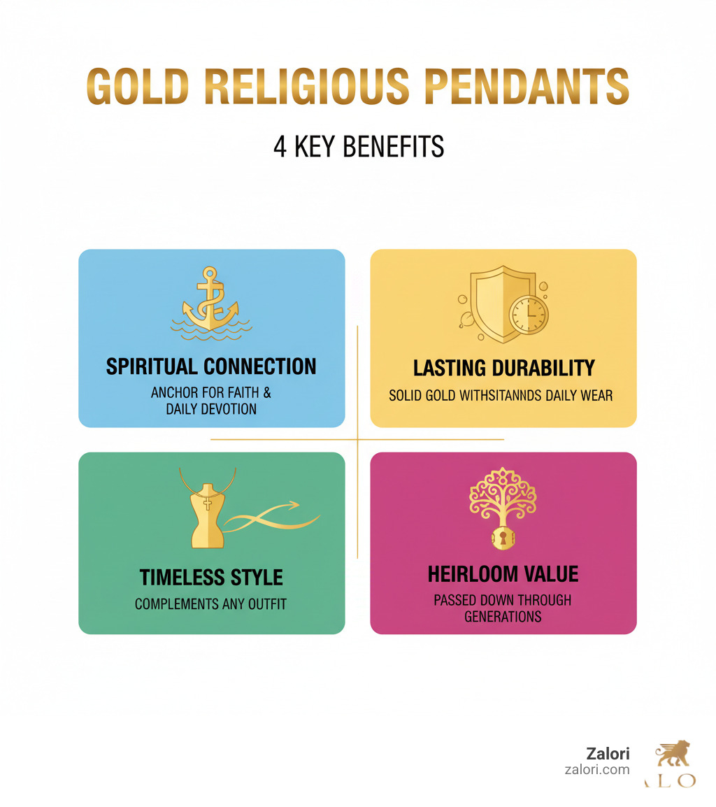 Infographic showing four key benefits of gold religious pendants: Spiritual Connection (anchor for faith and daily devotion), Lasting Durability (solid gold withstands daily wear for decades), Timeless Style (complements any outfit from casual to formal), and Heirloom Value (investment piece to pass down through generations) - gold religious pendants infographic Infographic showing four key benefits of gold religious pendants: Spiritual Connection (anchor for faith and daily devotion), Lasting Durability (solid gold withstands daily wear for decades), Timeless Style (complements any outfit from casual to formal), and Heirloom Value (investment piece to pass down through generations) - gold religious pendants infographic
