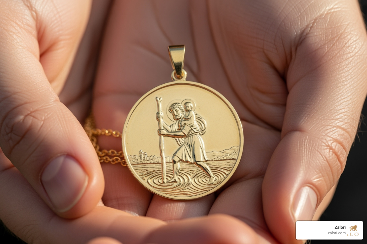 person's hands holding a detailed St. Christopher medal - gold religious pendants person's hands holding a detailed St. Christopher medal - gold religious pendants