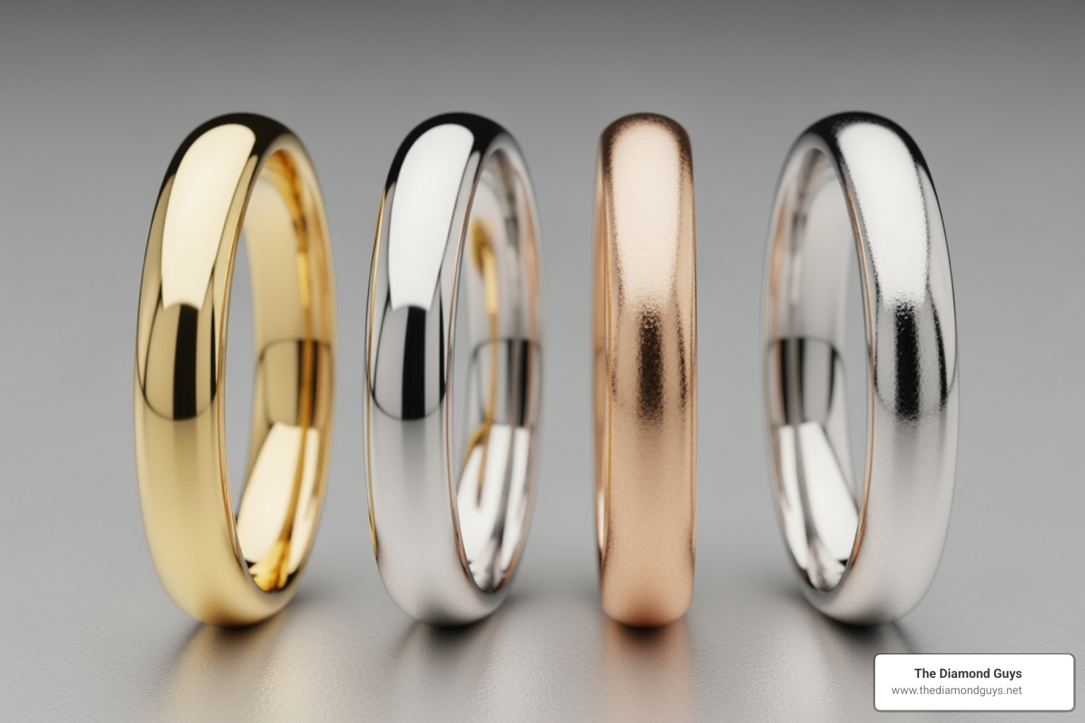 The three main gold colors (yellow, white, rose) and platinum side-by-side - jewelry rings