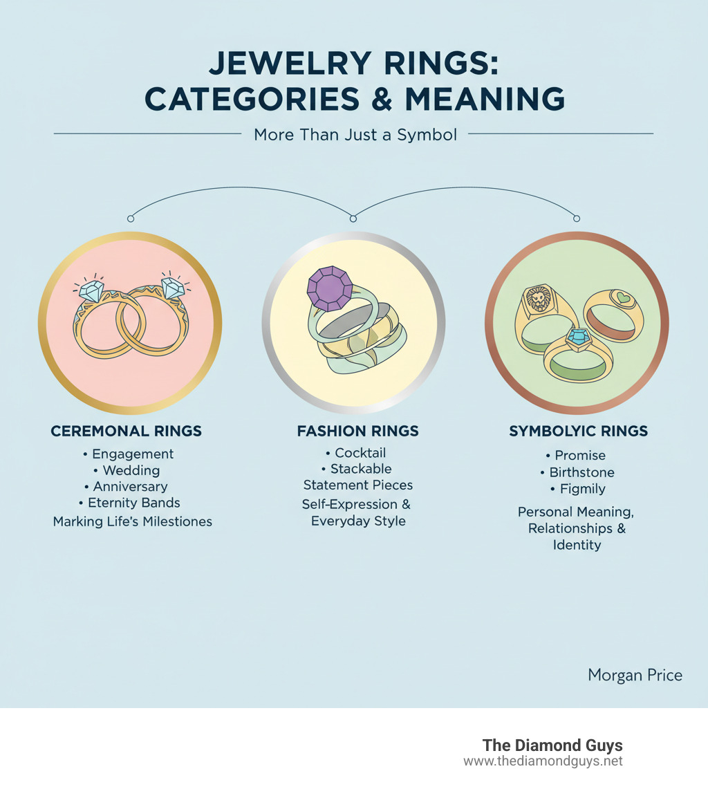 Infographic showing three main categories of jewelry rings: Ceremonial rings (engagement, wedding, anniversary, eternity bands) for marking life's milestones; Fashion rings (cocktail, stackable, statement pieces) for self-expression and everyday style; and Symbolic rings (promise, birthstone, signet, family) for representing personal meaning, relationships, and identity - jewelry rings infographic 