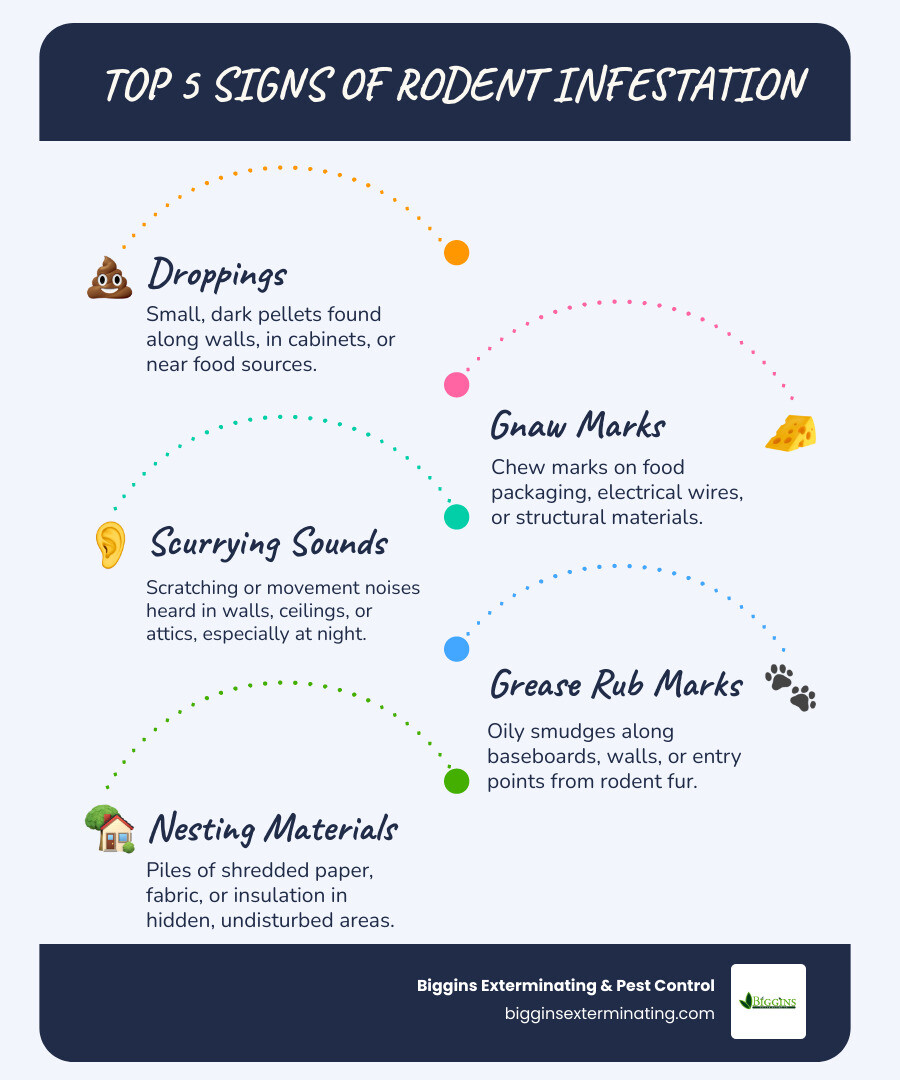 Infographic showing the top 5 signs of rodent infestation: 1. Small dark droppings along walls and in cabinets, 2. Gnaw marks on food packaging and structural materials, 3. Scratching or scurrying sounds in walls and ceilings at night, 4. Greasy rub marks along baseboards and entry points, 5. Nests made from shredded paper, fabric, or insulation in hidden areas - pest control rodent treatment infographic infographic-line-5-steps-blues-accent_colors