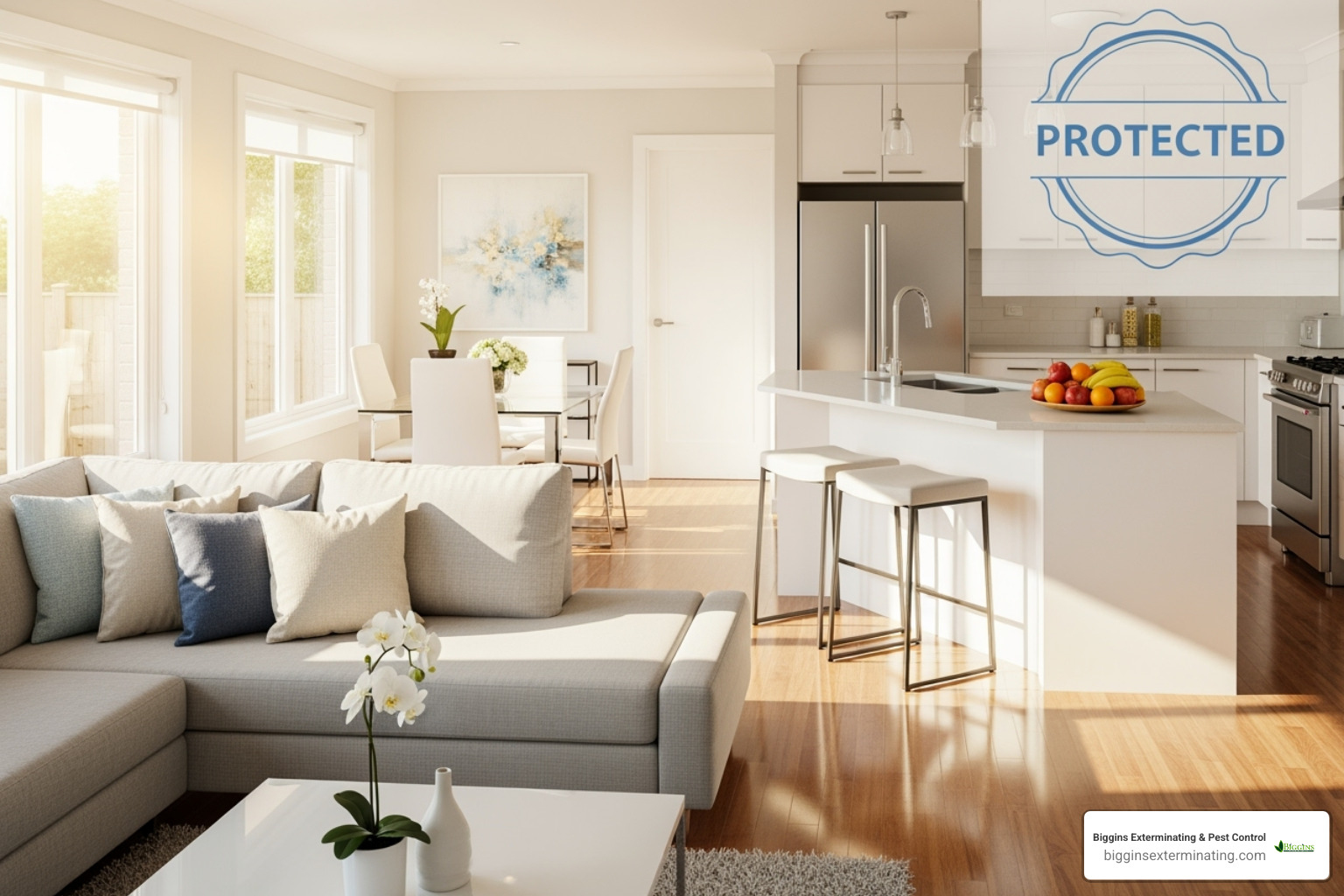 clean, pest-free home with a "Protected" seal graphic overlaid - pest control rodent treatment