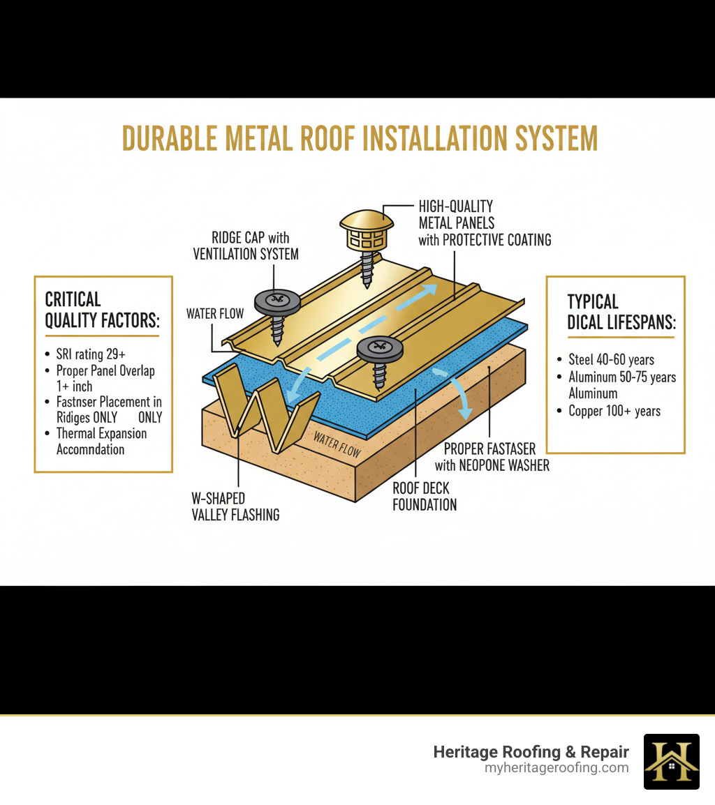 Infographic showing the key components of a durable metal roof installation system: high-quality metal panels with protective coating at top, synthetic underlayment layer beneath, proper fasteners with neoprene washers shown in cross-section, W-shaped valley flashing detail, ridge cap with ventilation system, and roof deck foundation at bottom. Arrows indicate proper water flow direction. Labels show typical lifespans: Steel 40-60 years, Aluminum 50-75 years, Copper 100+ years. Side panel highlights critical quality factors: SRI rating 29+, proper panel overlap 1+ inch, fastener placement in ridges only, and thermal expansion accommodation. - durable metal roof installation infographic Infographic showing the key components of a durable metal roof installation system: high-quality metal panels with protective coating at top, synthetic underlayment layer beneath, proper fasteners with neoprene washers shown in cross-section, W-shaped valley flashing detail, ridge cap with ventilation system, and roof deck foundation at bottom. Arrows indicate proper water flow direction. Labels show typical lifespans: Steel 40-60 years, Aluminum 50-75 years, Copper 100+ years. Side panel highlights critical quality factors: SRI rating 29+, proper panel overlap 1+ inch, fastener placement in ridges only, and thermal expansion accommodation. - durable metal roof installation infographic