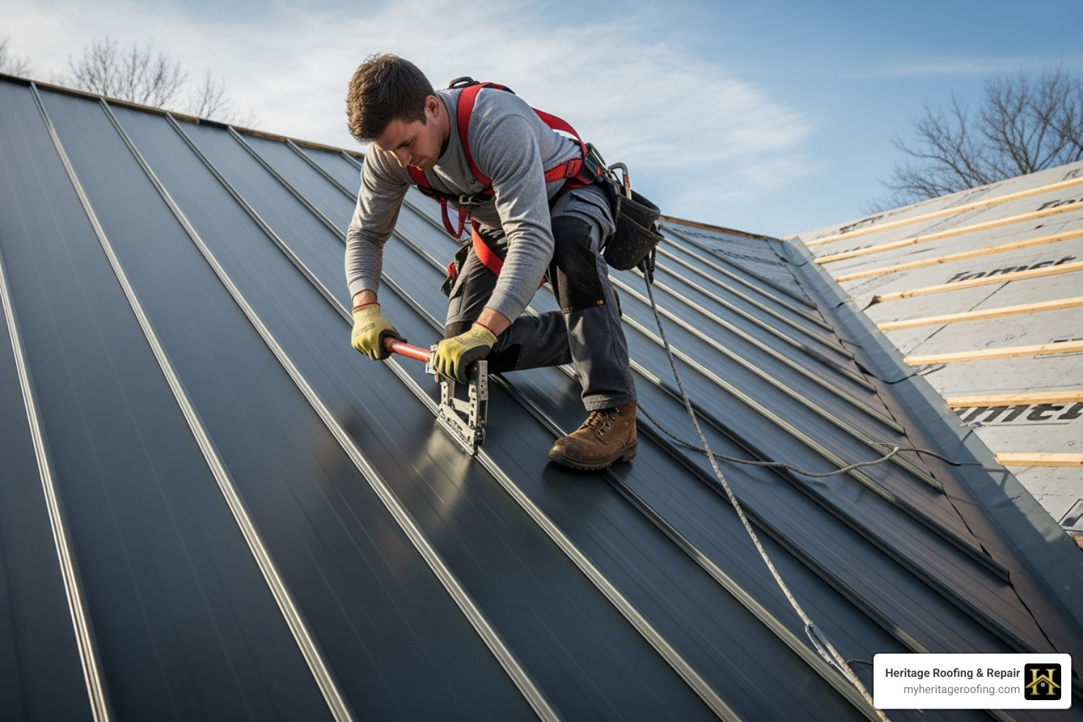 professional roofer carefully fastening a standing seam metal panel - durable metal roof installation professional roofer carefully fastening a standing seam metal panel - durable metal roof installation