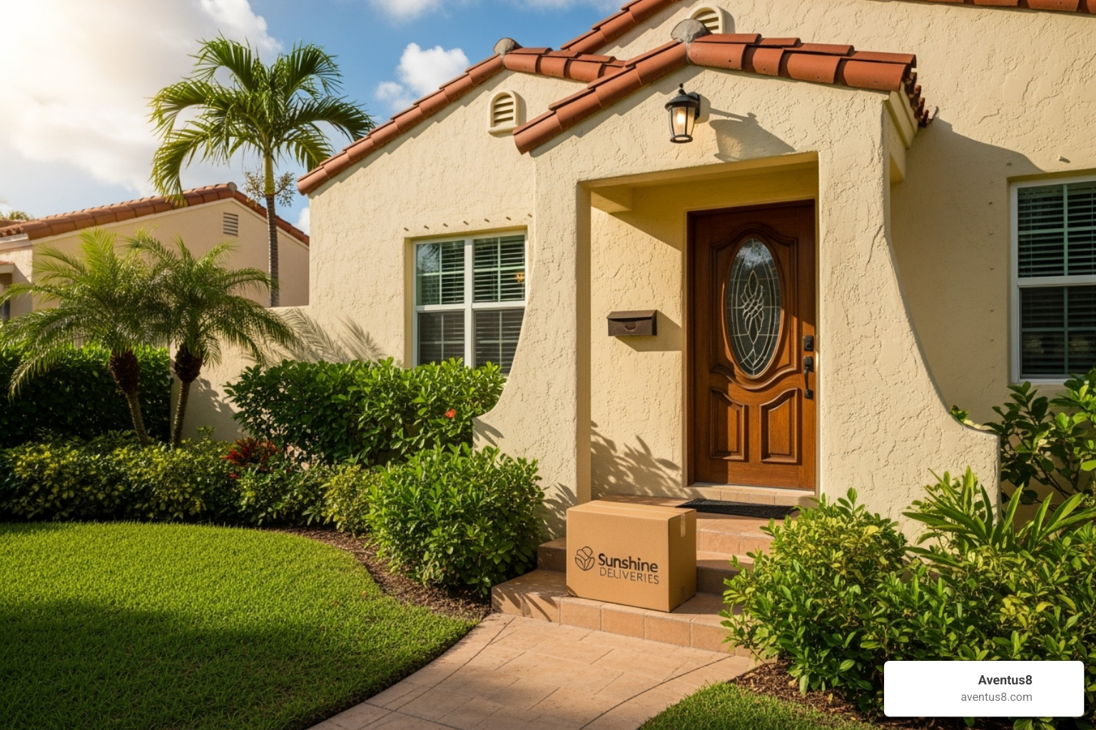 discreetly packaged box on a doorstep in a typical Hollywood, FL neighborhood - Legal cannabis online