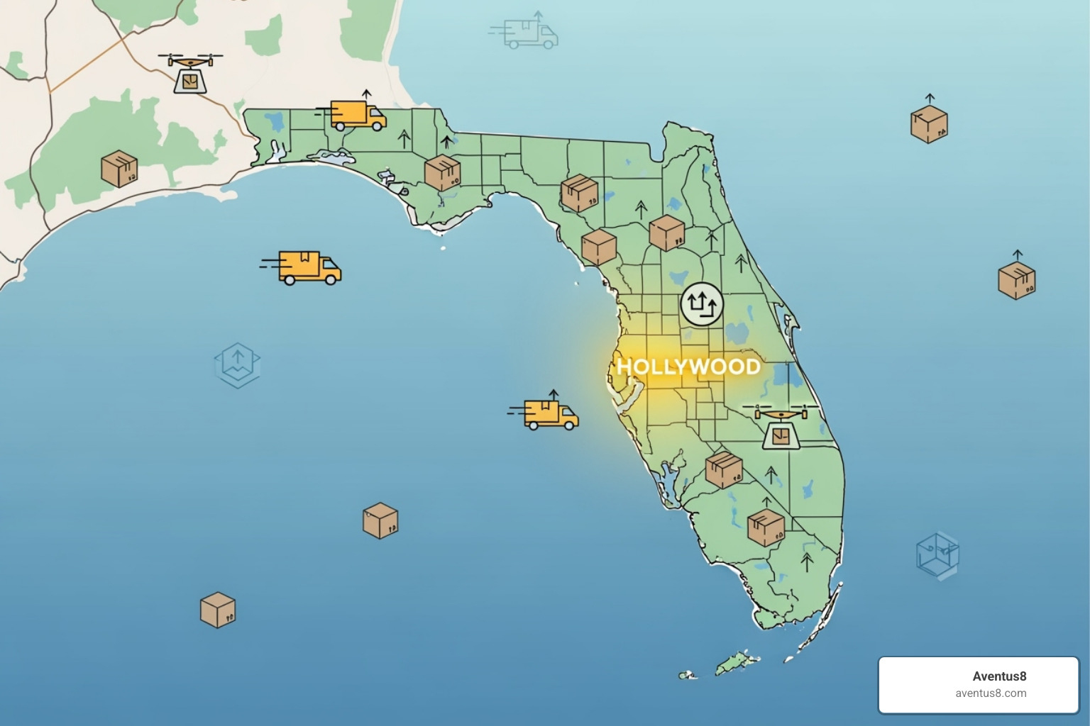 stylized map of Florida highlighting Hollywood and icons for legal hemp shipping - Legal cannabis online