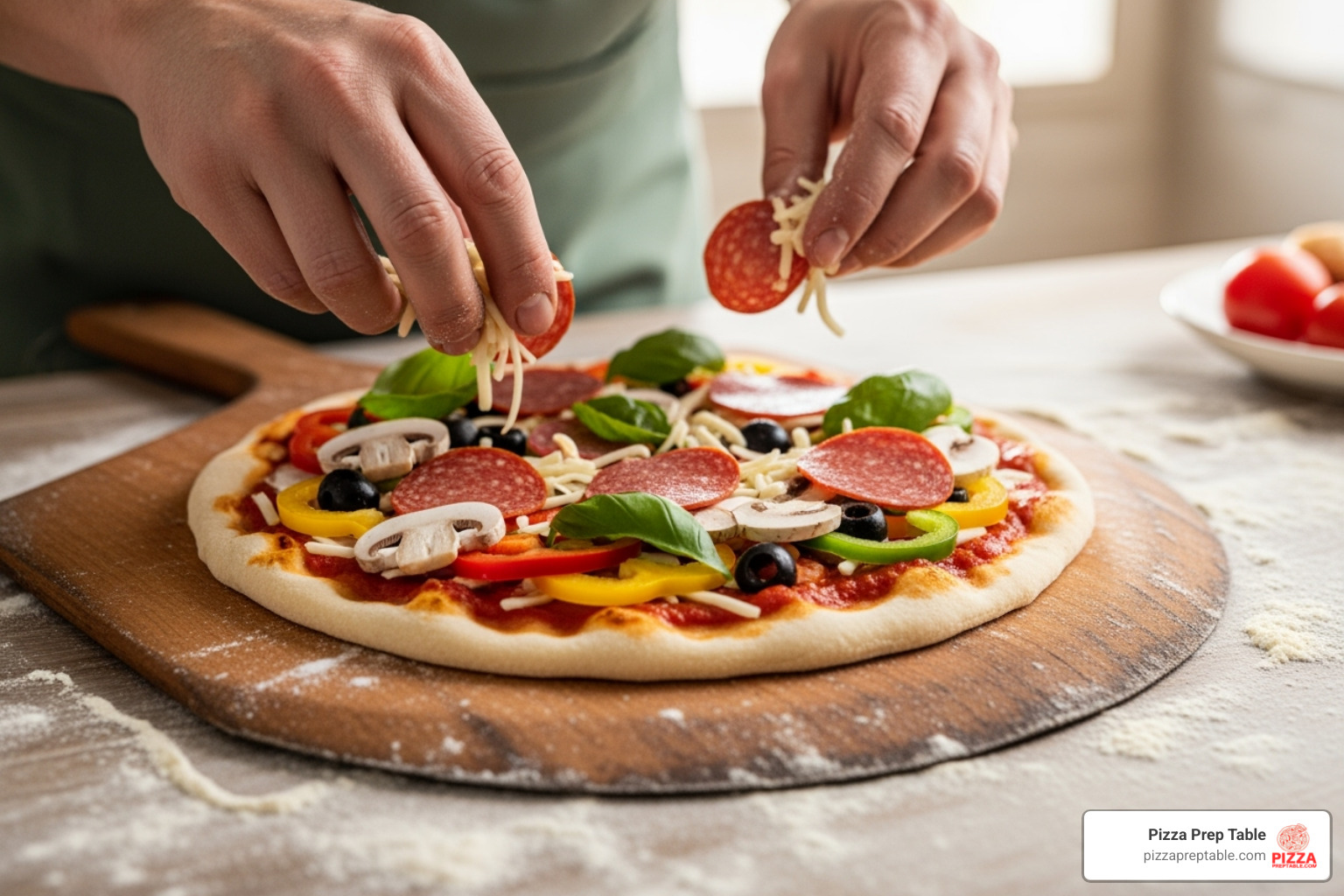 pizza being topped on a wooden peel - how to keep pizza dough from sticking to the peel