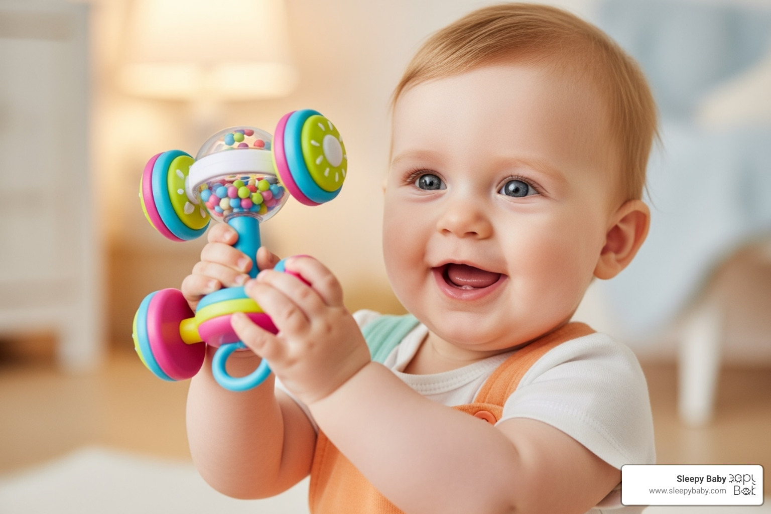 baby smiling while holding a funny dumbbell rattle - gifts for baby boy