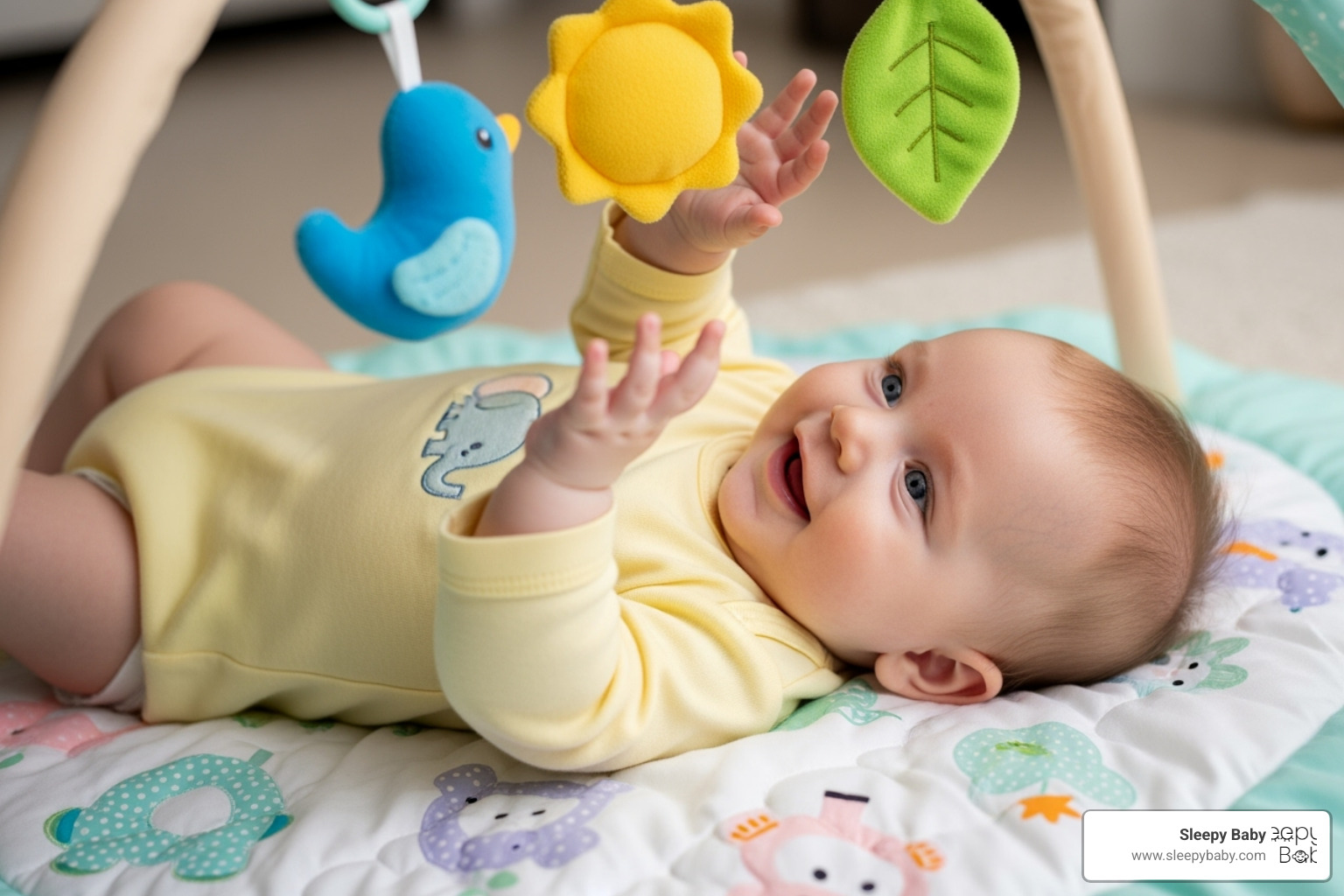 happy baby reaching for toys on a soft play gym - gifts for baby boy