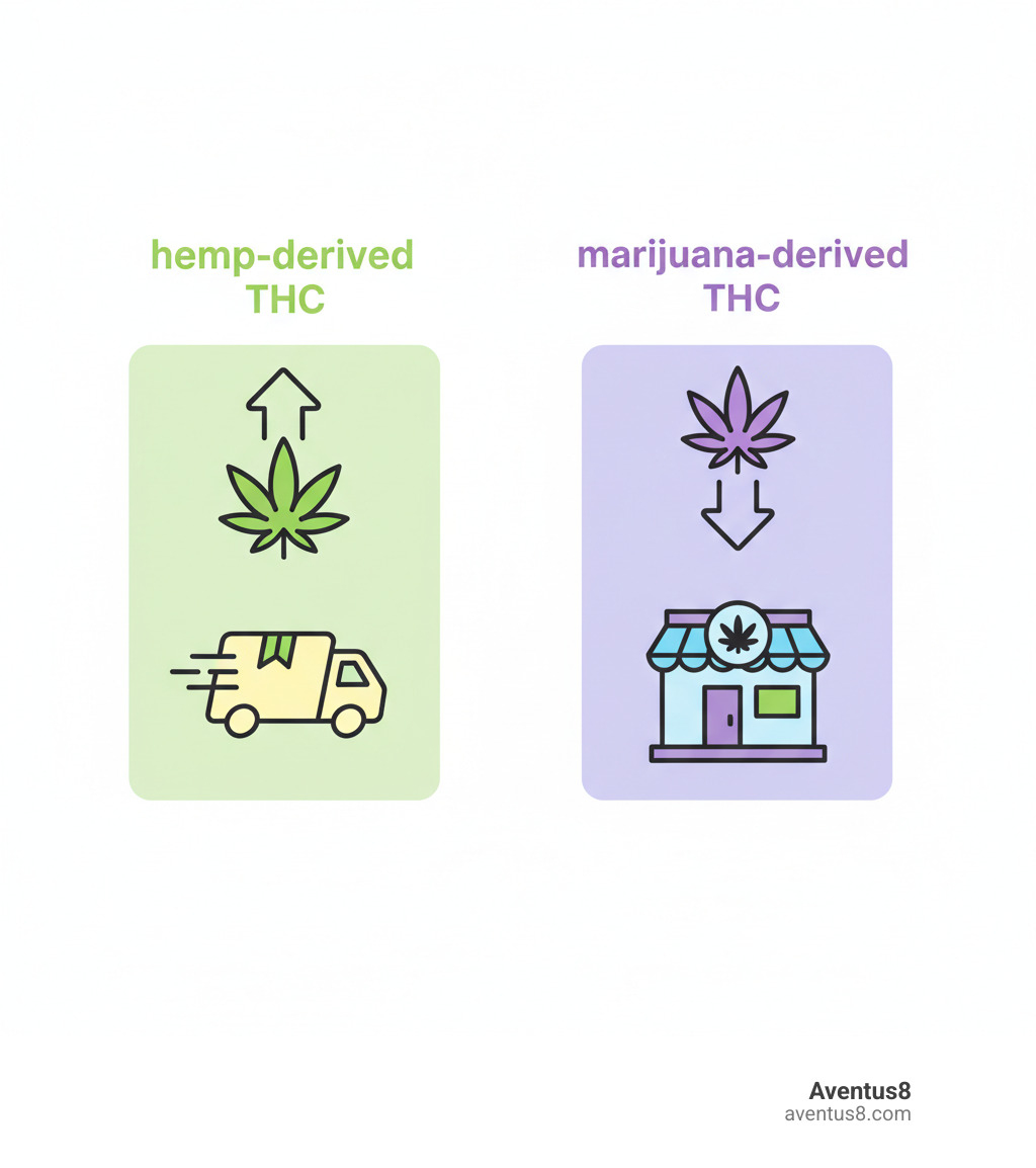 infographic showing hemp-derived THC products under 0.3% Delta-9 marked as federally legal and available for online shipping, versus marijuana-derived THC products marked as state-regulated and not available for online interstate shipping, with icons showing delivery truck for hemp products and physical dispensary location for marijuana products - Legal cannabis online infographic 