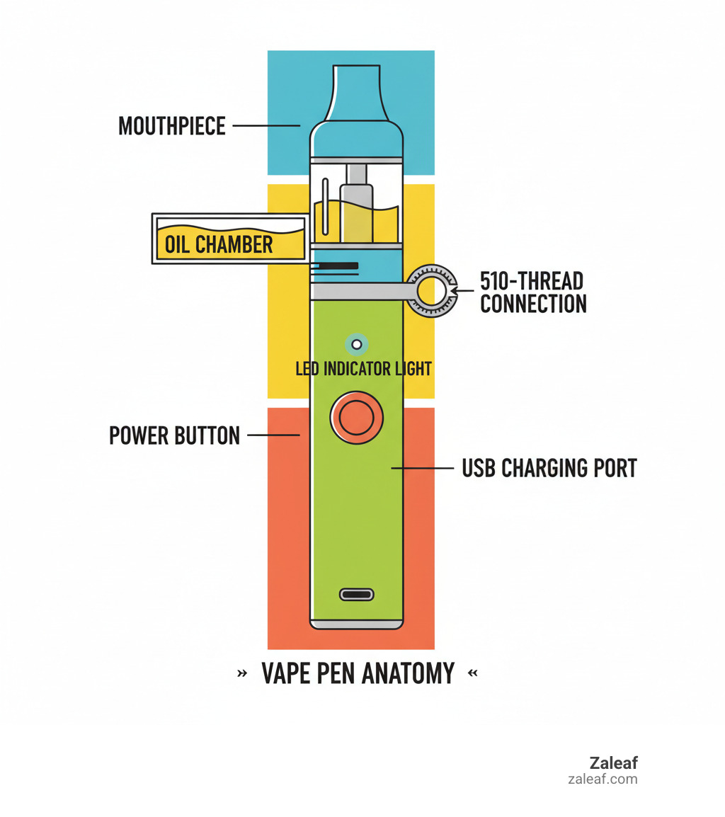 infographic showing the basic anatomy of a vape pen with labeled parts: mouthpiece at top of cartridge, oil chamber in middle, 510-thread connection where cartridge meets battery, battery body with power button, LED indicator light, and USB charging port at bottom - cartridge battery use infographic 
