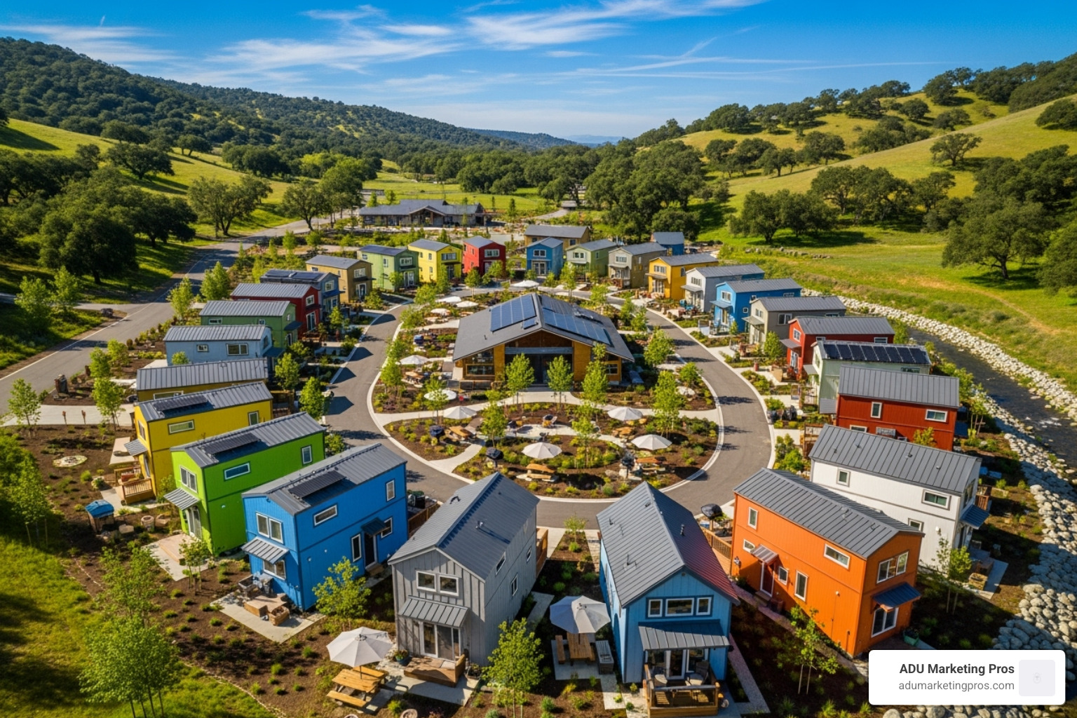 The colorful Arroyo Seco Tiny Home Village, showing the rows of small structures and community spaces - Los Angeles tiny homes
