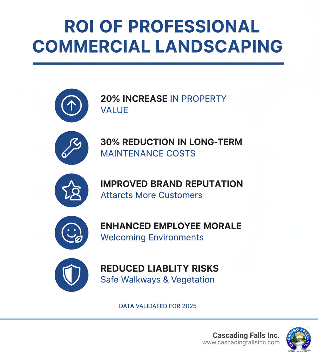 Infographic showing the ROI of professional commercial landscaping: 20% increase in property value, 30% reduction in long-term maintenance costs, improved brand reputation leading to increased customer attraction, enhanced employee morale from welcoming environments, and reduced liability risks through proper maintenance of walkways and vegetation - commercial landscaping professional infographic  Infographic showing the ROI of professional commercial landscaping: 20% increase in property value, 30% reduction in long-term maintenance costs, improved brand reputation leading to increased customer attraction, enhanced employee morale from welcoming environments, and reduced liability risks through proper maintenance of walkways and vegetation - commercial landscaping professional infographic
