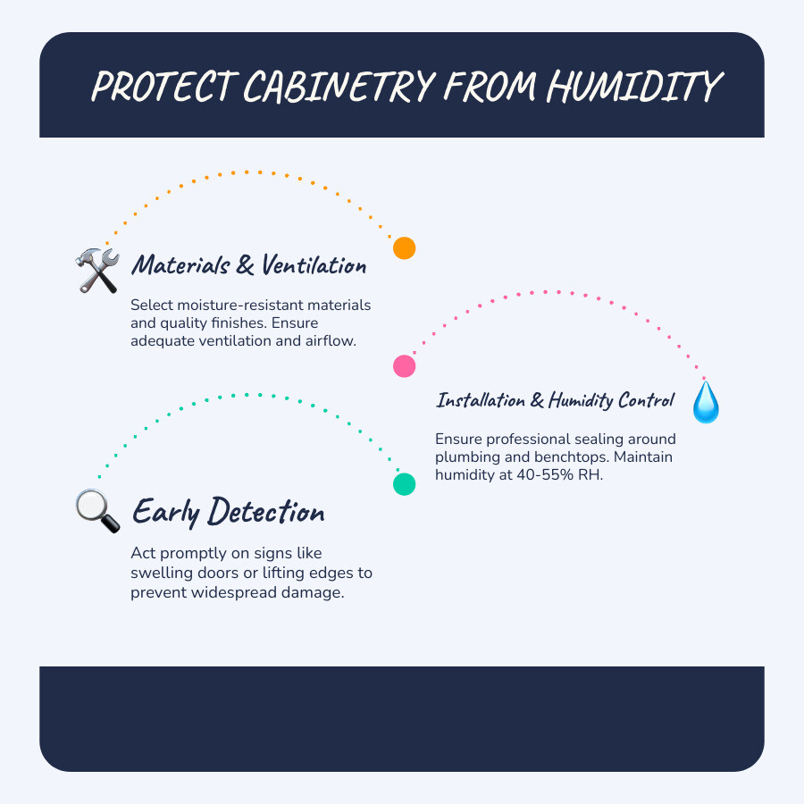 Infographic showing the 5 essential steps to protect cabinetry from humidity: Step 1 - Choose moisture-resistant materials with quality 2 pack finishes and precision edge banding; Step 2 - Design for ventilation with exhaust fans and airflow around appliances; Step 3 - Ensure professional installation with perfect sealing around plumbing and benchtops; Step 4 - Maintain daily habits like wiping condensation and keeping humidity at 40-55% RH; Step 5 - Address early signs like swelling doors or lifting edges before damage spreads - protect cabinetry from humidity infographic 