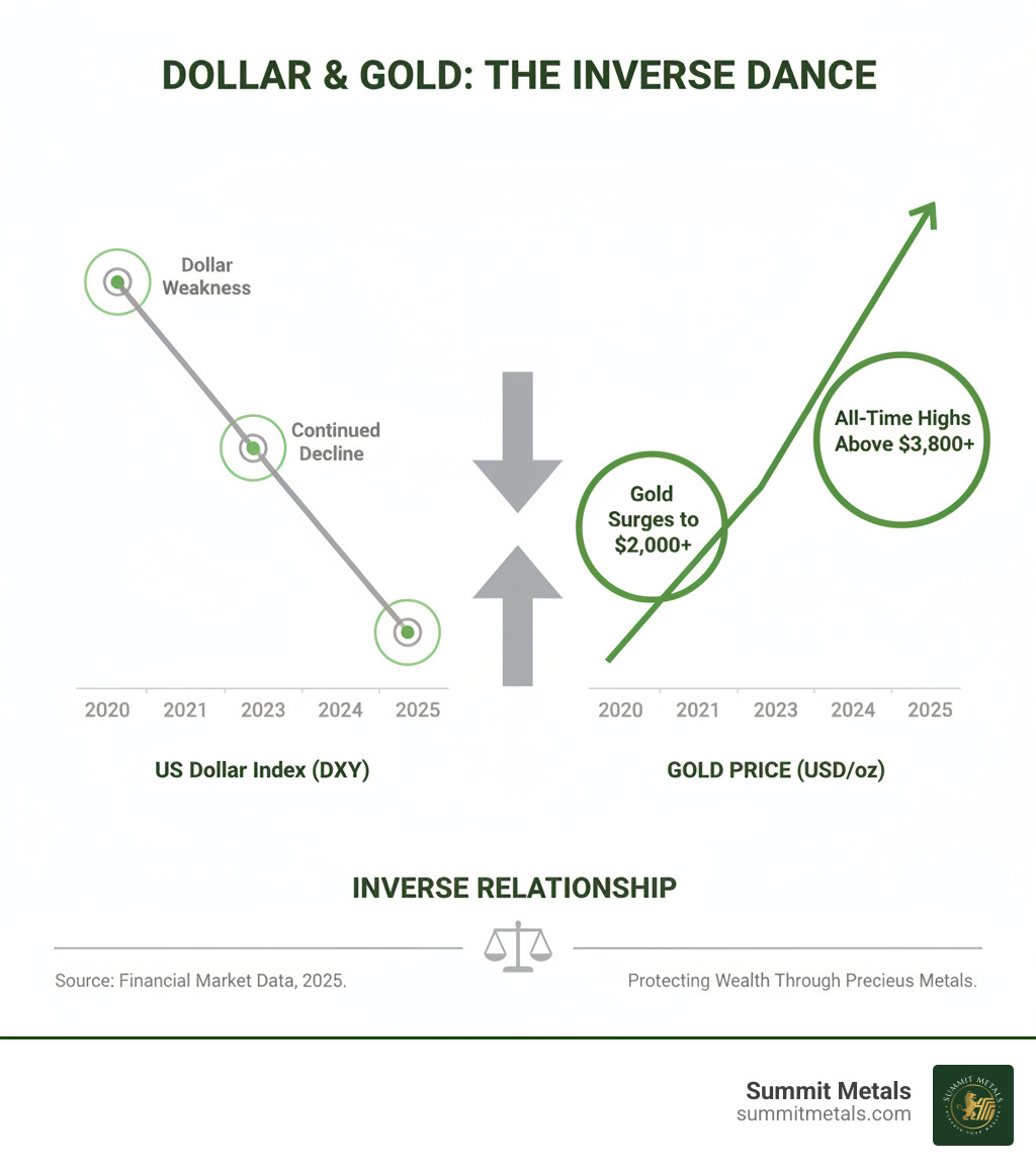 Infographic showing the inverse relationship between the US Dollar Index (DXY) on a downward trend and the gold price chart on an upward trend over time, with annotations highlighting key moments where dollar weakness corresponded with gold price increases - gold price american dollar infographic  Infographic showing the inverse relationship between the US Dollar Index (DXY) on a downward trend and the gold price chart on an upward trend over time, with annotations highlighting key moments where dollar weakness corresponded with gold price increases - gold price american dollar infographic