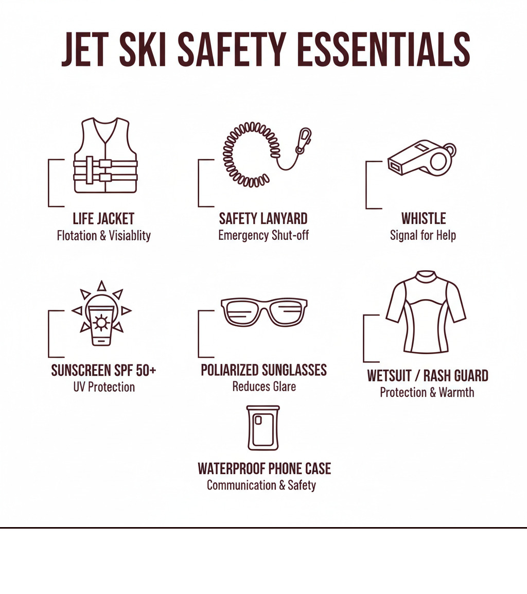 Visual guide to jet ski safety tips gear: life jacket, lanyard, whistle, sunglasses, rash guard, sunscreen, and phone case. Visual guide to jet ski safety tips gear: life jacket, lanyard, whistle, sunglasses, rash guard, sunscreen, and phone case.
