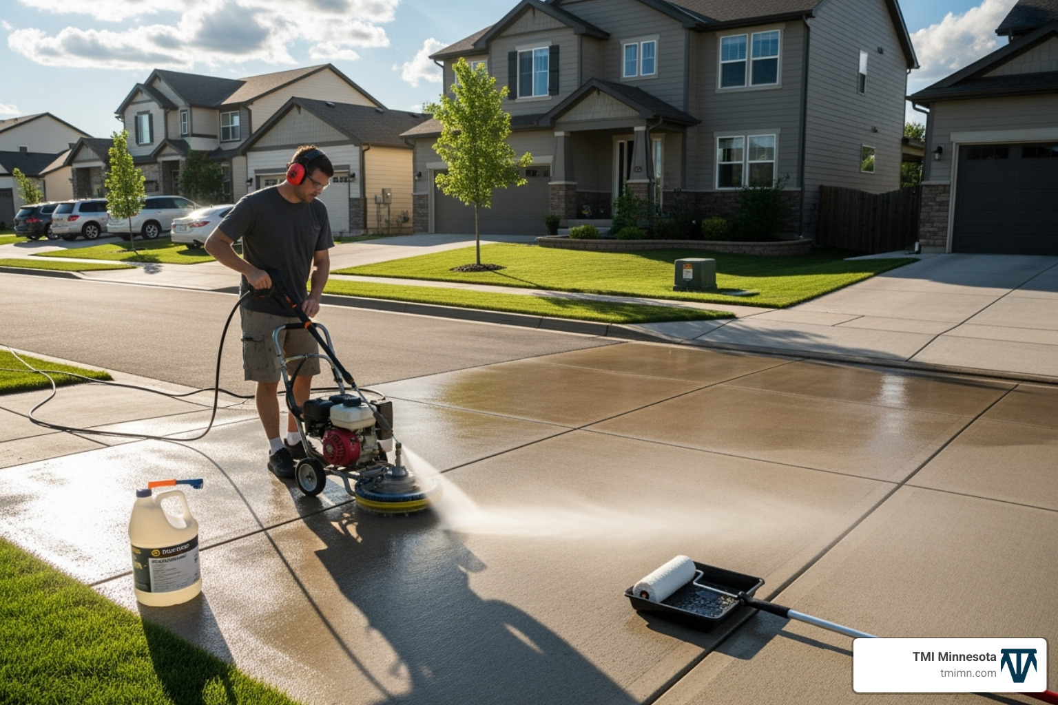 homeowner pressure washing and sealing concrete driveway - concrete driveways