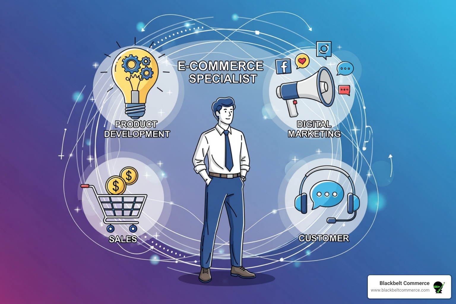 flowchart showing the specialist's role connecting product, marketing, sales, and customer service - digital marketing and ecommerce specialist
