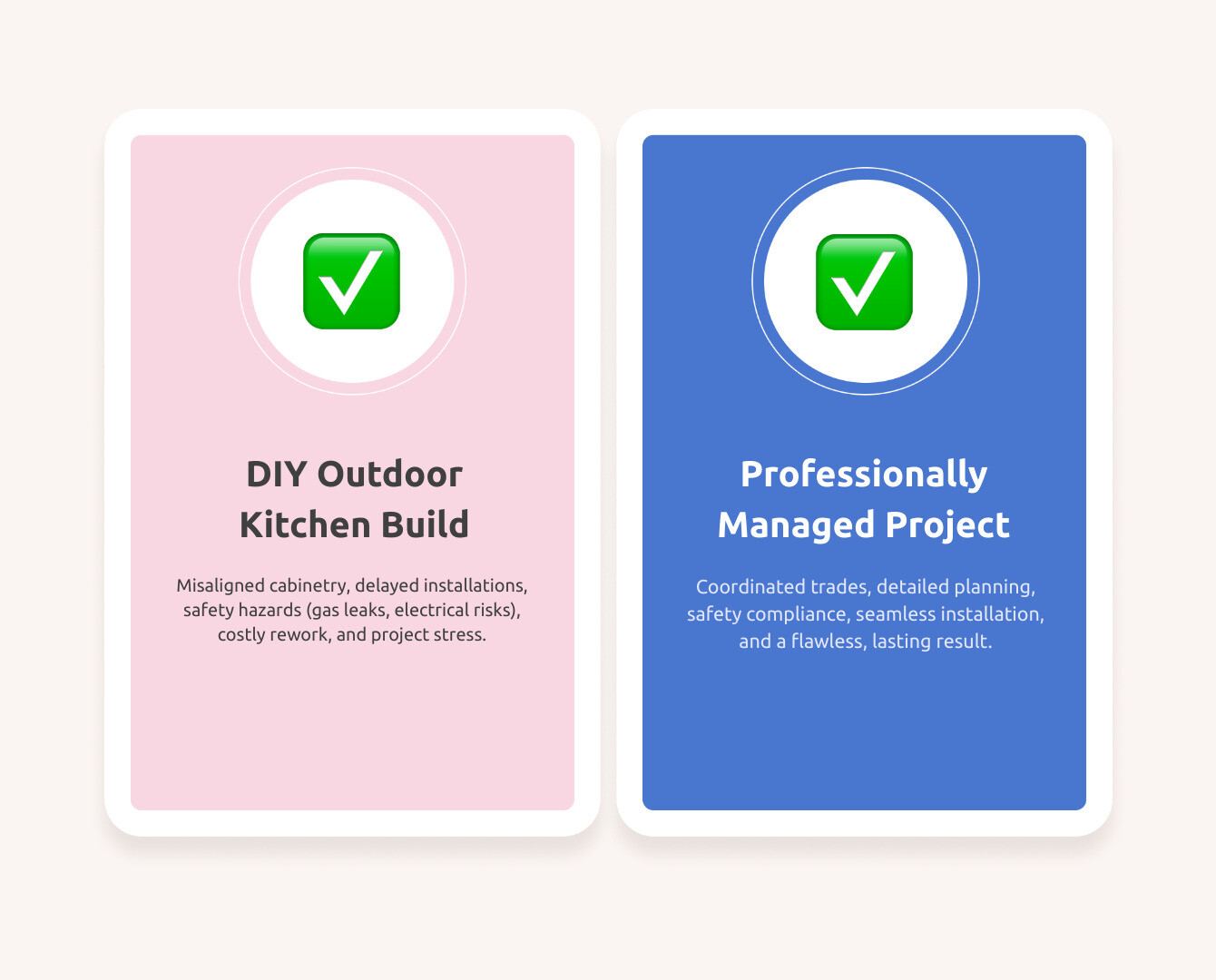 Infographic showing the comparison between a DIY outdoor kitchen build with common problems (misaligned cabinetry, delayed trades, safety issues, costly rework) versus a professionally managed project by G&M Craftsman Cabinets with coordinated trades, detailed planning, safety compliance, and seamless installation - backyard outdoor kitchen infographic comparison-2-items-casual
