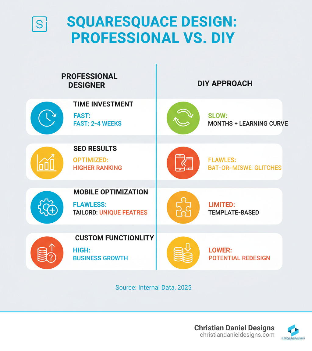 Infographic comparing benefits of hiring a professional Squarespace designer versus DIY approach, showing time investment, SEO results, mobile optimization, custom functionality, and long-term ROI - squarespace designer freelance infographic 