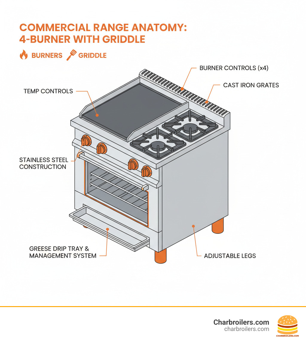 Infographic showing the anatomy of a 4-burner commercial range with griddle: four gas burners on the right side with cast iron grates and independent control knobs, a flat griddle plate on the left side with temperature controls, an oven compartment below with adjustable racks, stainless steel exterior construction, adjustable legs, and a grease management system with removable drip tray - 4 burner commercial stove with griddle infographic 