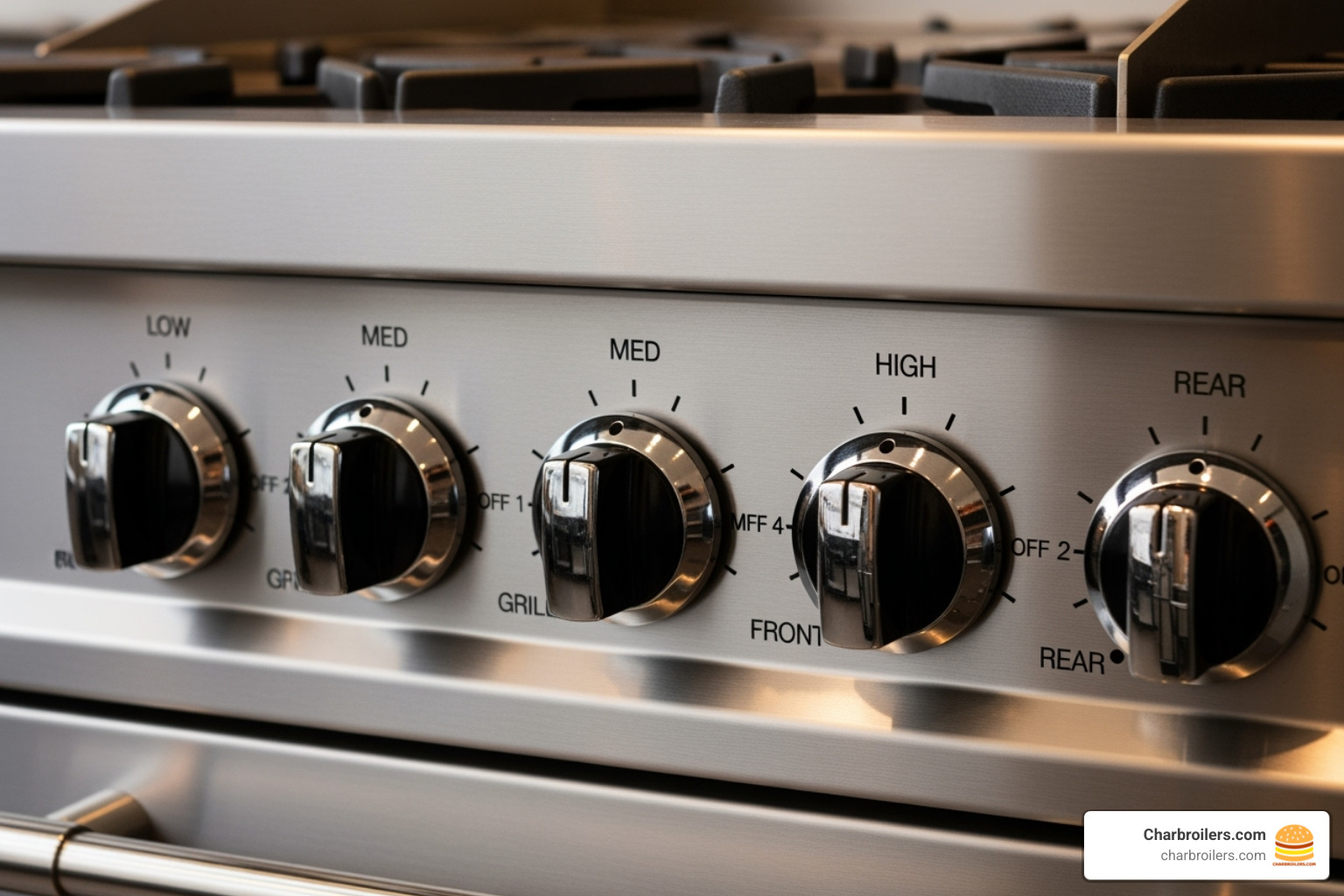 close-up on control knobs and stainless steel finish - 4 burner commercial stove with griddle