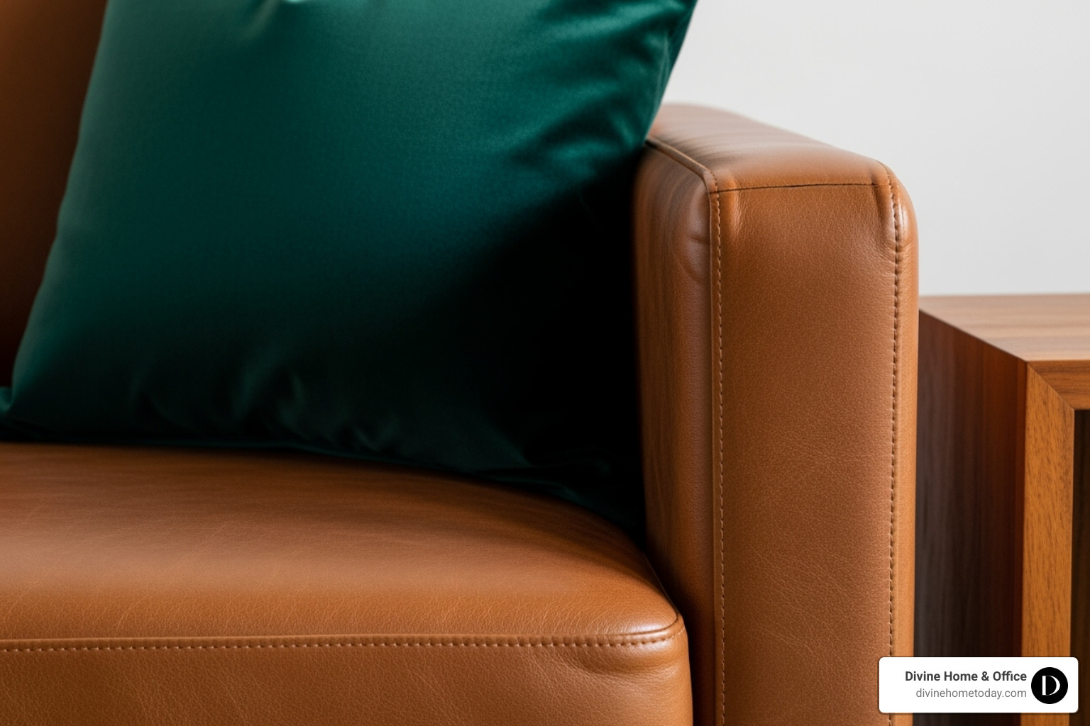 A close-up image showcasing a variety of textures: a smooth leather sofa cushion, a soft velvet throw pillow, and the grain of a warm wooden side table - interior design mixing old and new