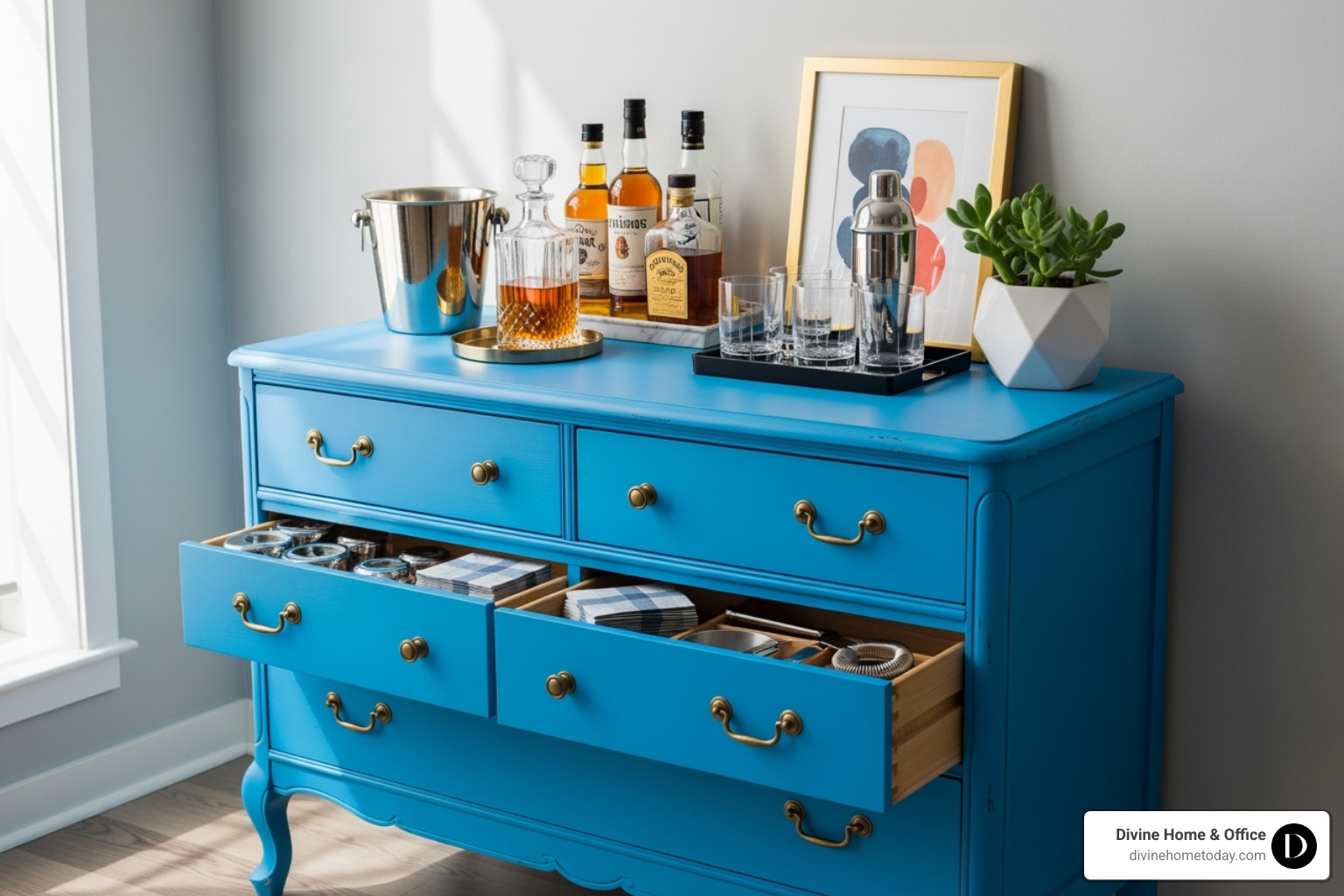 A repurposed vintage dresser painted a vibrant blue, adorned with modern decor and functioning as a stylish bar cart - interior design mixing old and new