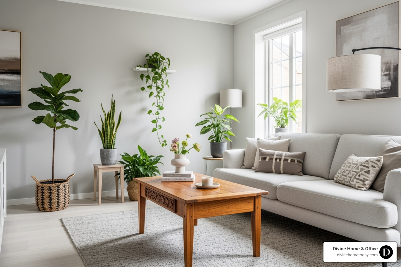 A bright living room with neutral walls, a modern sofa, and a vintage wooden coffee table, accented with plants - interior design mixing old and new