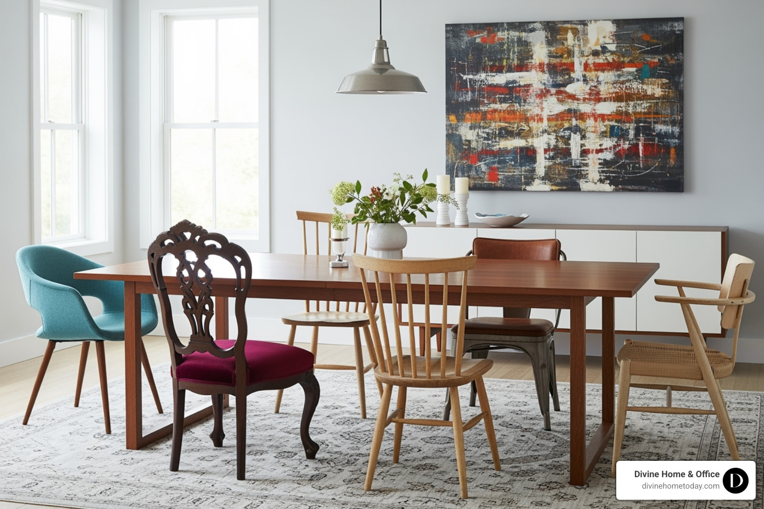 A dining room featuring a sleek modern wooden table paired with an eclectic mix of vintage-style chairs in various designs and colors - interior design mixing old and new