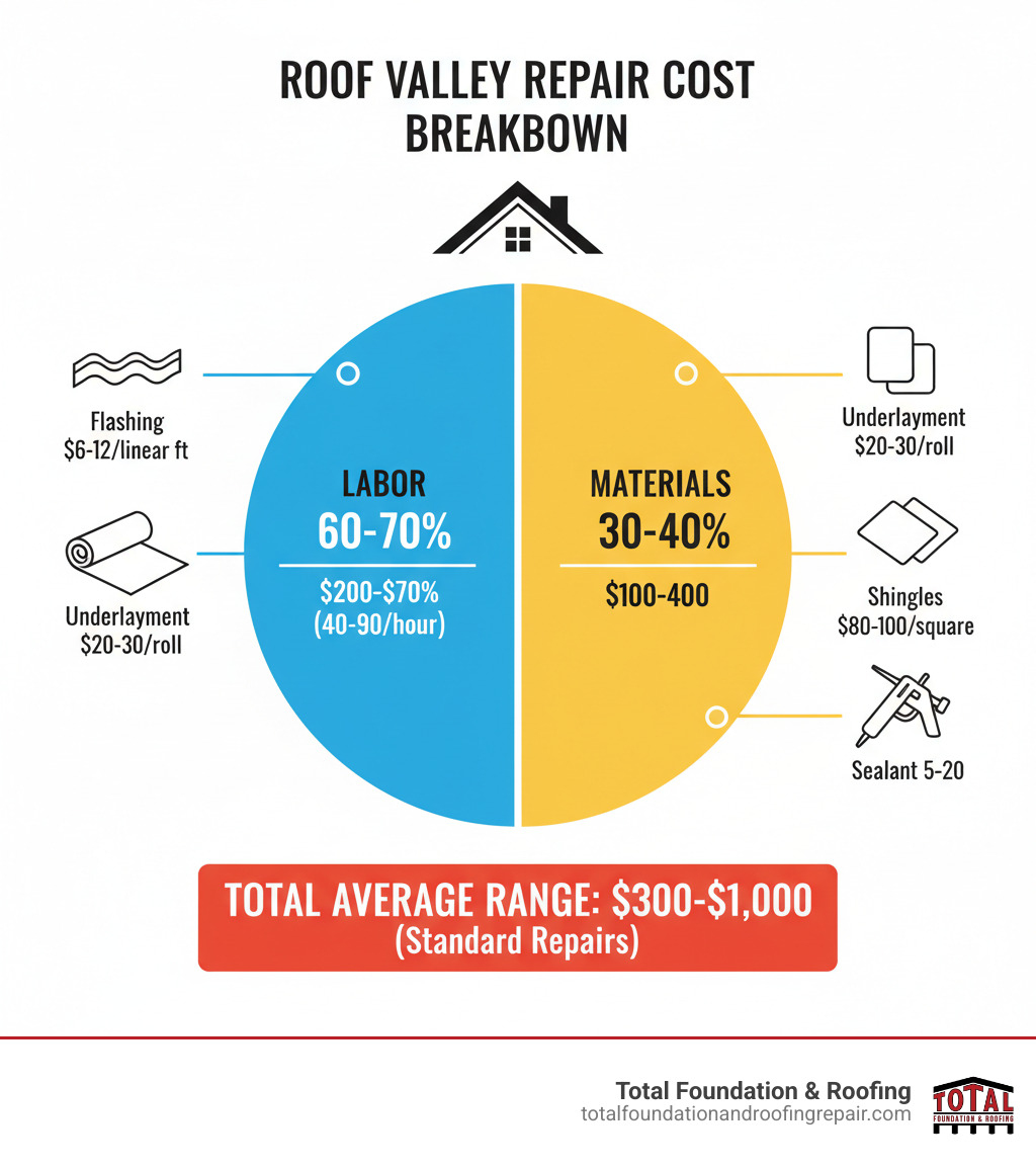 Infographic showing roof valley repair cost breakdown: Materials 30-40% ($100-$400 including flashing at $6-12 per linear foot, underlayment $20-30 per roll, shingles $80-100 per square, sealant $5-20), Labor 60-70% ($200-$700 at $40-90 per hour), with total average range of $300-$1,000 for standard repairs - how much does it cost to repair a roof valley infographic Infographic showing roof valley repair cost breakdown: Materials 30-40% ($100-$400 including flashing at $6-12 per linear foot, underlayment $20-30 per roll, shingles $80-100 per square, sealant $5-20), Labor 60-70% ($200-$700 at $40-90 per hour), with total average range of $300-$1,000 for standard repairs - how much does it cost to repair a roof valley infographic