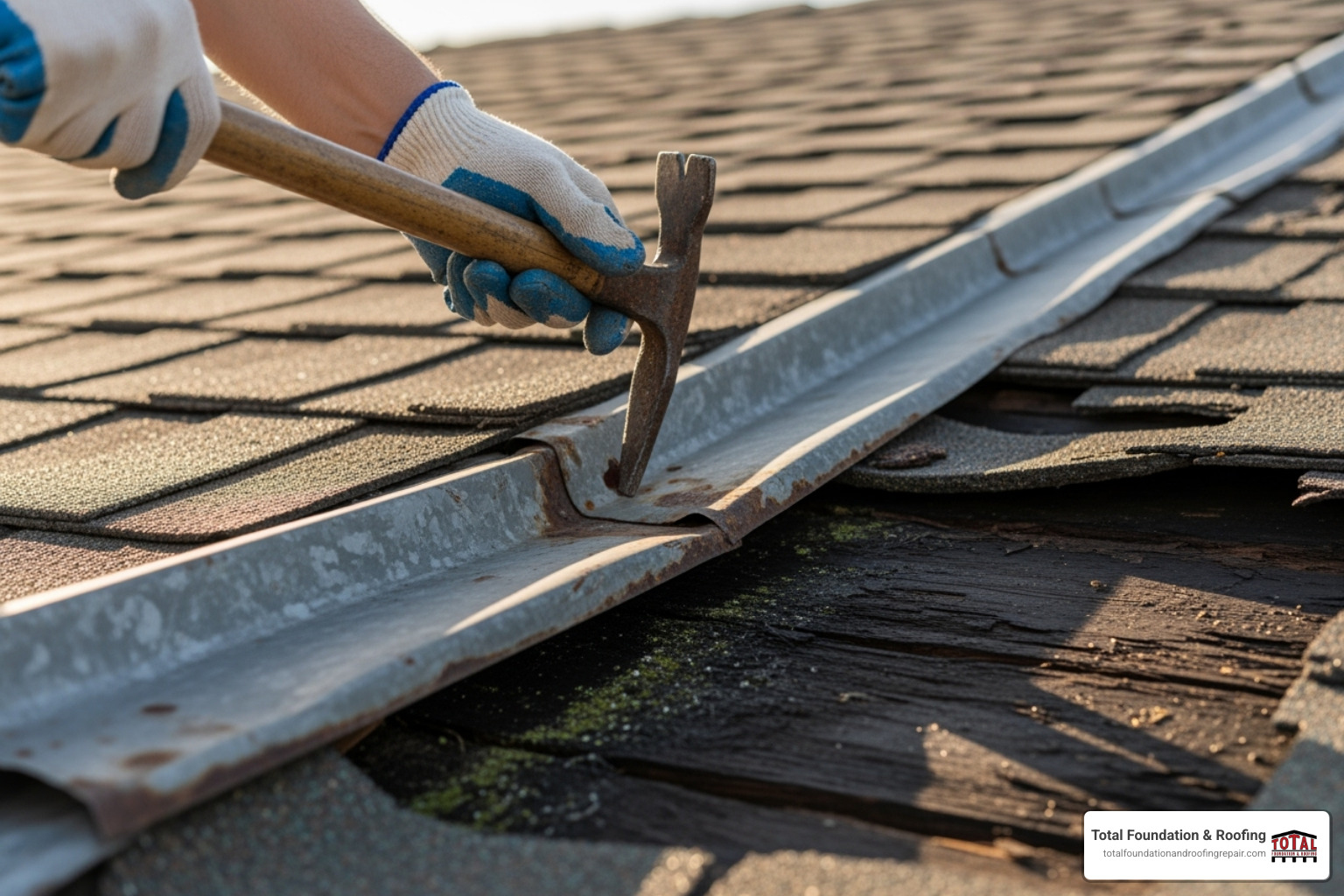 A roofer exposing rotted wood decking beneath old valley flashing. - how much does it cost to repair a roof valley A roofer exposing rotted wood decking beneath old valley flashing. - how much does it cost to repair a roof valley