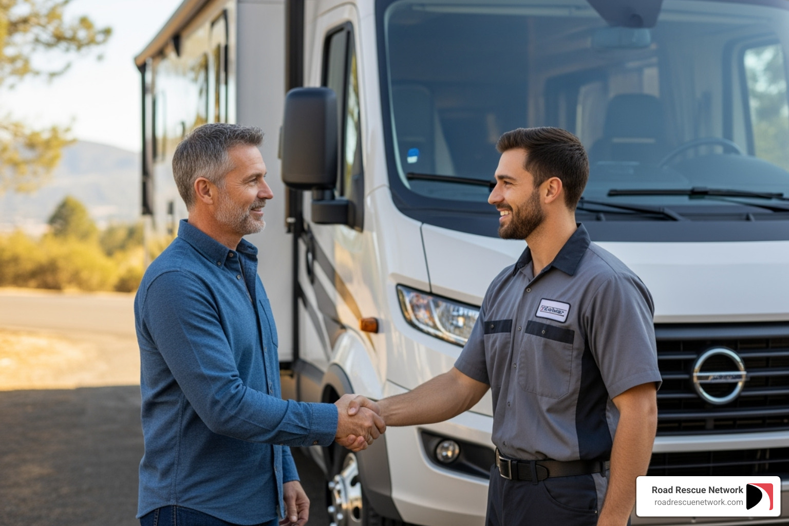 RV owner shaking hands with professional technician - local mobile rv repair RV owner shaking hands with professional technician - local mobile rv repair