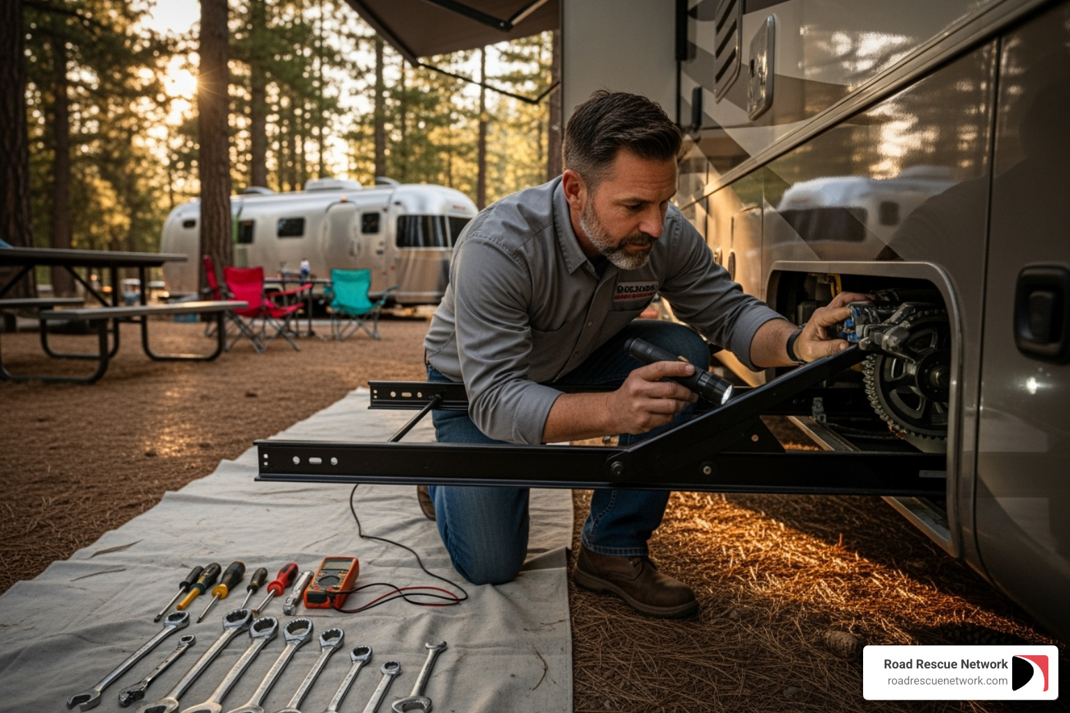 technician inspecting RV slide-out mechanism - local mobile rv repair technician inspecting RV slide-out mechanism - local mobile rv repair