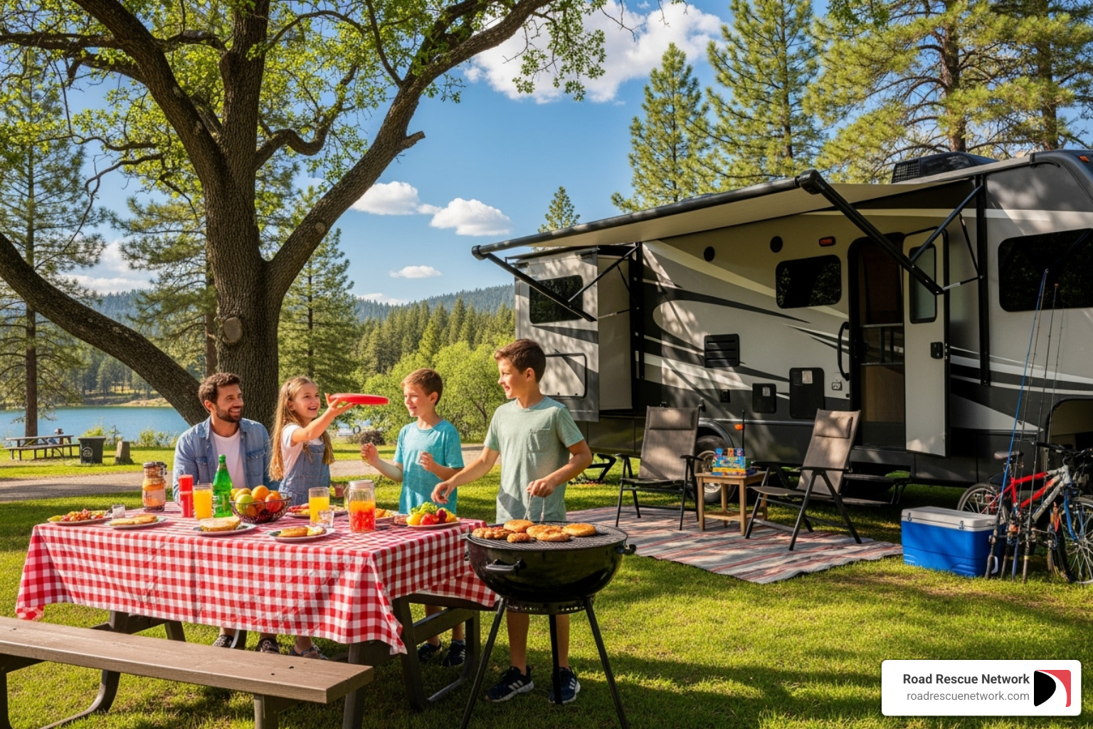 family enjoying campsite with functional RV - local mobile rv repair family enjoying campsite with functional RV - local mobile rv repair