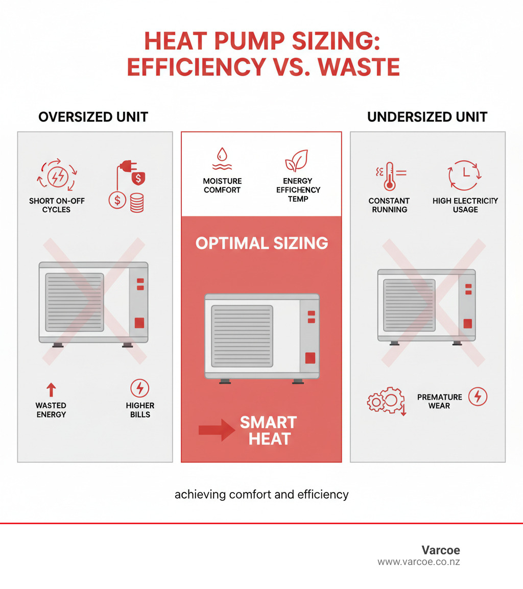 Infographic showing two heat pumps side by side: left shows an oversized unit with short on-off cycles, moisture buildup, wasted energy, and higher bills; right shows an undersized unit running constantly, never reaching target temperature, high electricity usage, and premature wear. Center shows optimal sizing achieving consistent comfort and efficiency. - sizing a mini split for heating infographic 