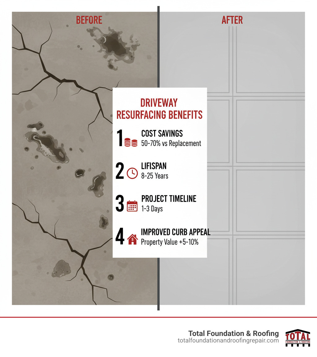 Infographic comparing a weathered, cracked concrete driveway with surface spalling and oil stains on the left side versus the same driveway after resurfacing on the right side, showing a smooth, uniform surface with decorative scoring pattern. The center displays key benefits in bold text: Cost Savings 50-70% vs Replacement, Lifespan 8-25 Years, Project Timeline 1-3 Days, and improved curb appeal with property value increase of 5-10% - concrete driveway refinishing infographic  Infographic comparing a weathered, cracked concrete driveway with surface spalling and oil stains on the left side versus the same driveway after resurfacing on the right side, showing a smooth, uniform surface with decorative scoring pattern. The center displays key benefits in bold text: Cost Savings 50-70% vs Replacement, Lifespan 8-25 Years, Project Timeline 1-3 Days, and improved curb appeal with property value increase of 5-10% - concrete driveway refinishing infographic