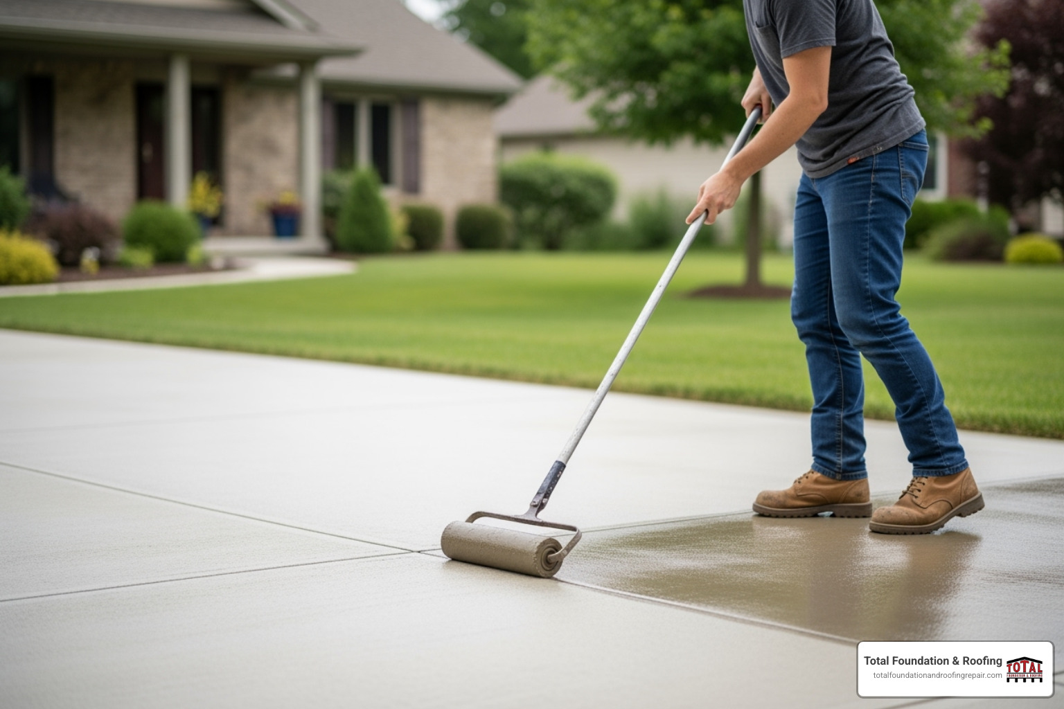 homeowner sealing a newly resurfaced driveway - concrete driveway refinishing homeowner sealing a newly resurfaced driveway - concrete driveway refinishing